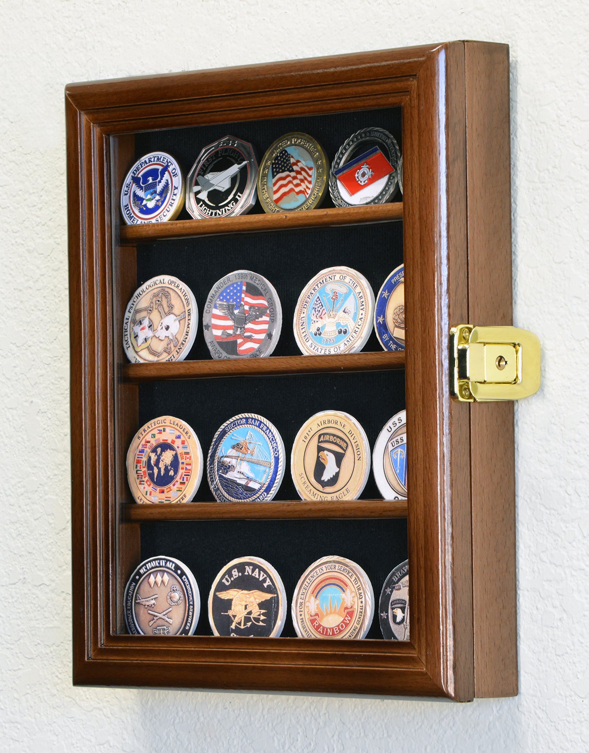 XS Military Challenge Coin Display Case Cabinet Holder Rack Box w/UV Protection -Walnut Finish