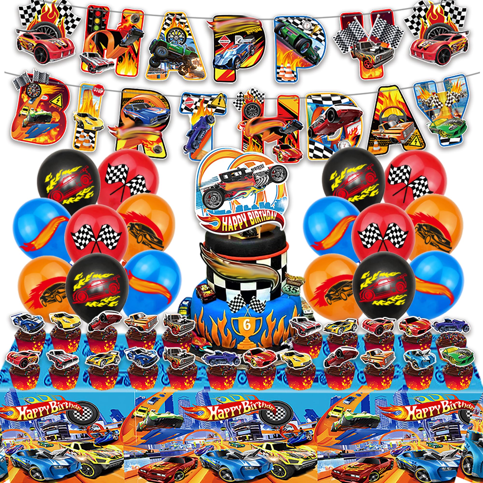 Hot Car Theme Party Decorations, Race Wheel Car Birthday Party Supplies Include Happy Birthday Banner,Balloons,Cake Toppers,Cupcake Toppers,Tablecloth