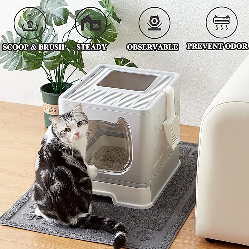 Miniatura 10 de Vealind Caja de arena plegable para gatos con tapa para gatos pequeños y medianos, entrada superior para gatos en crecimiento, tipo cajón con puerta