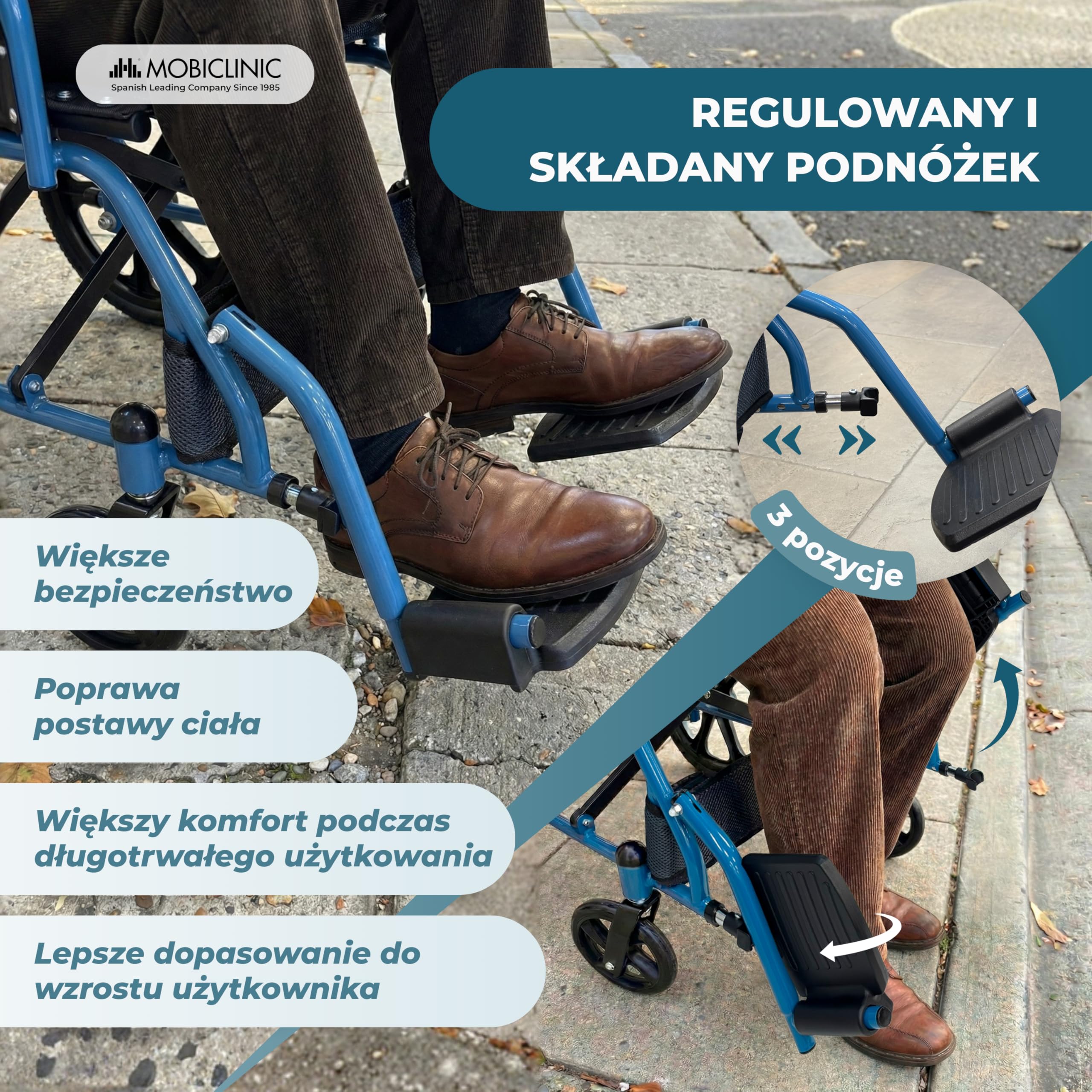 Mobiclinic®, Składany Wózek Inwalidzki, Wózek Inwalidzki Transit, Składane Oparcie, Składane Podnóżki, Podwójny System Hamowania, Wzmocniona Stal, do 100 kg, Lekki i Kompaktowy, Faraón