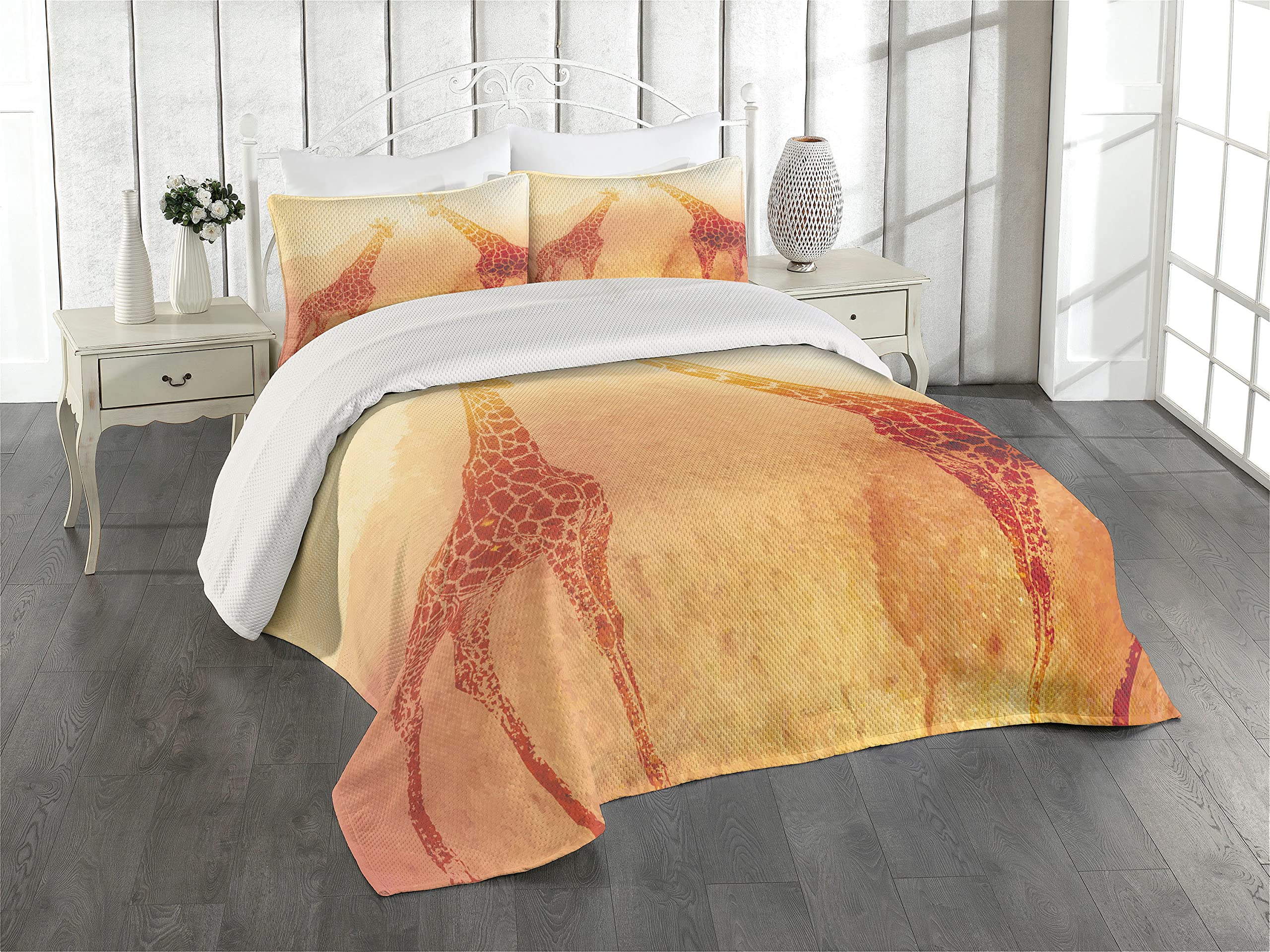 Ambesonne Savannah Coverlet, Illustration Tropic Giraffes Tallest Neck Animal Mammal in Retro Vintage Print, 3 Piece Decorative Quilted Bedspread Set with 2 Pillow Shams, King Size, Orange