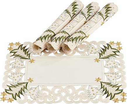 Fennco Styles Pandoro Collection Holiday Christmas Tree Cutwork Border Tablecloth Ivory, 14"x20" Placemat-Set of 4