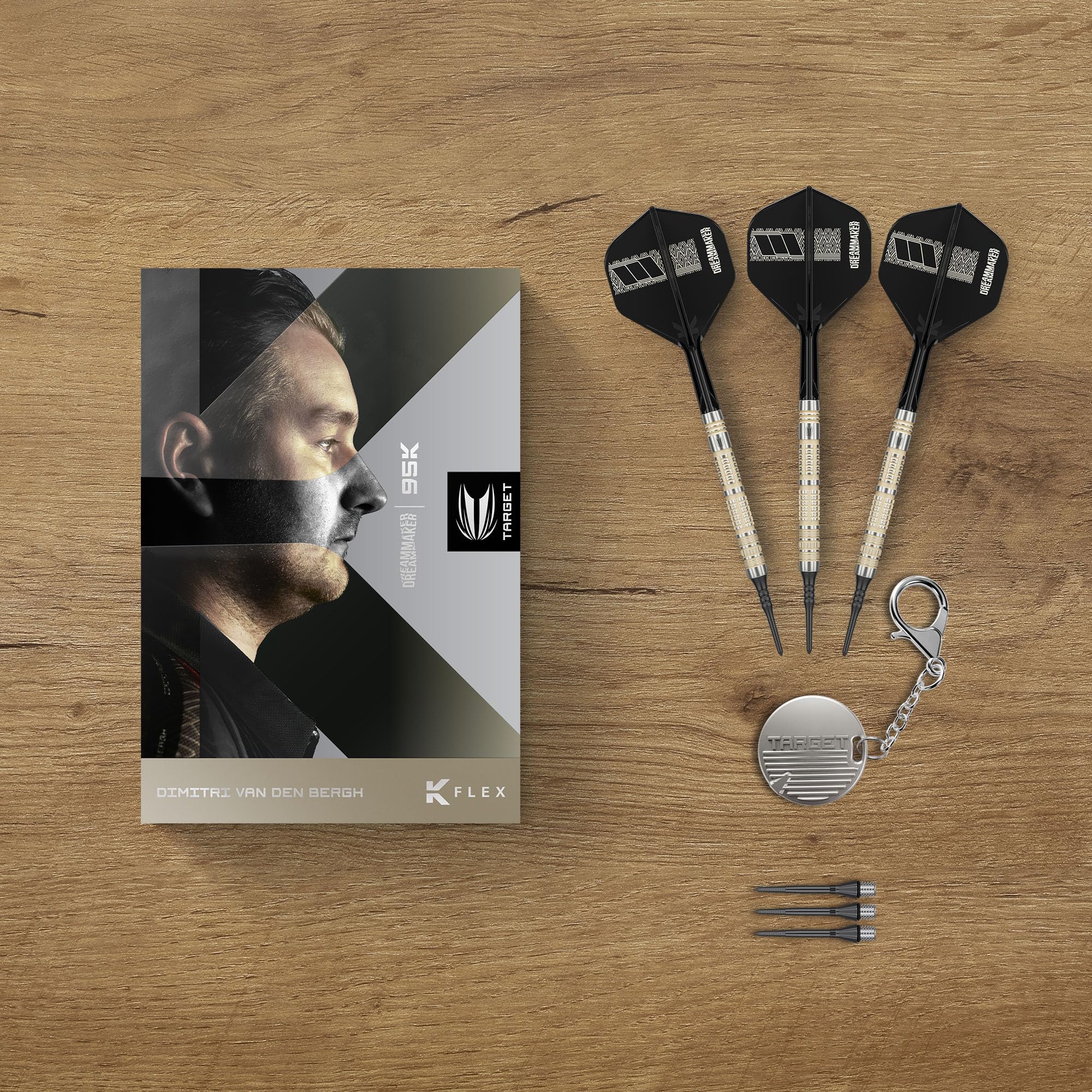 Target Darts Dimitri Van den Bergh Soft Tip 95K Dart Set, 19G | 95% Wolfram Dartpfeile, K-Flex Nr.2 Flights & Shafts, Schwarz Pixel-Spitzen & Schweizer Titan-Nano-Konversionsspitze mit Rillen