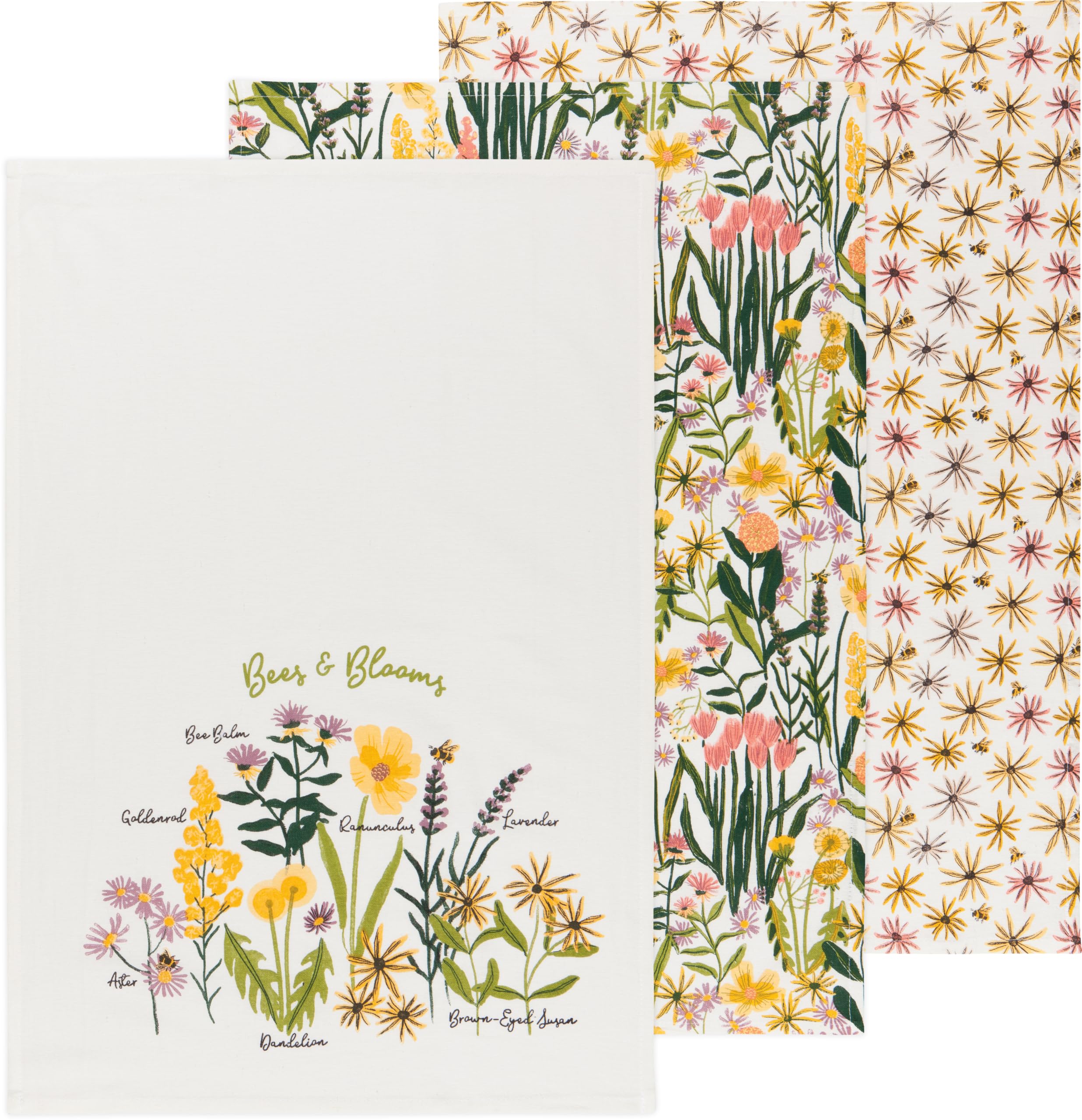 Now Designs Bees &amp; Blooms Bakers Floursack Cotton Dishtowels, Set of 3