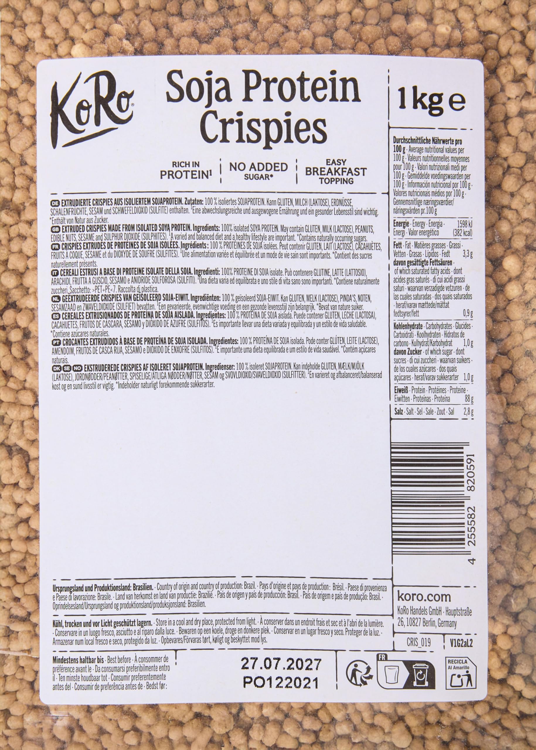 KoRo - Soja Protein Crispies 90 % 1 kg - Proteinreich (88 g/100 g) - Vegan - Neutraler Geschmack