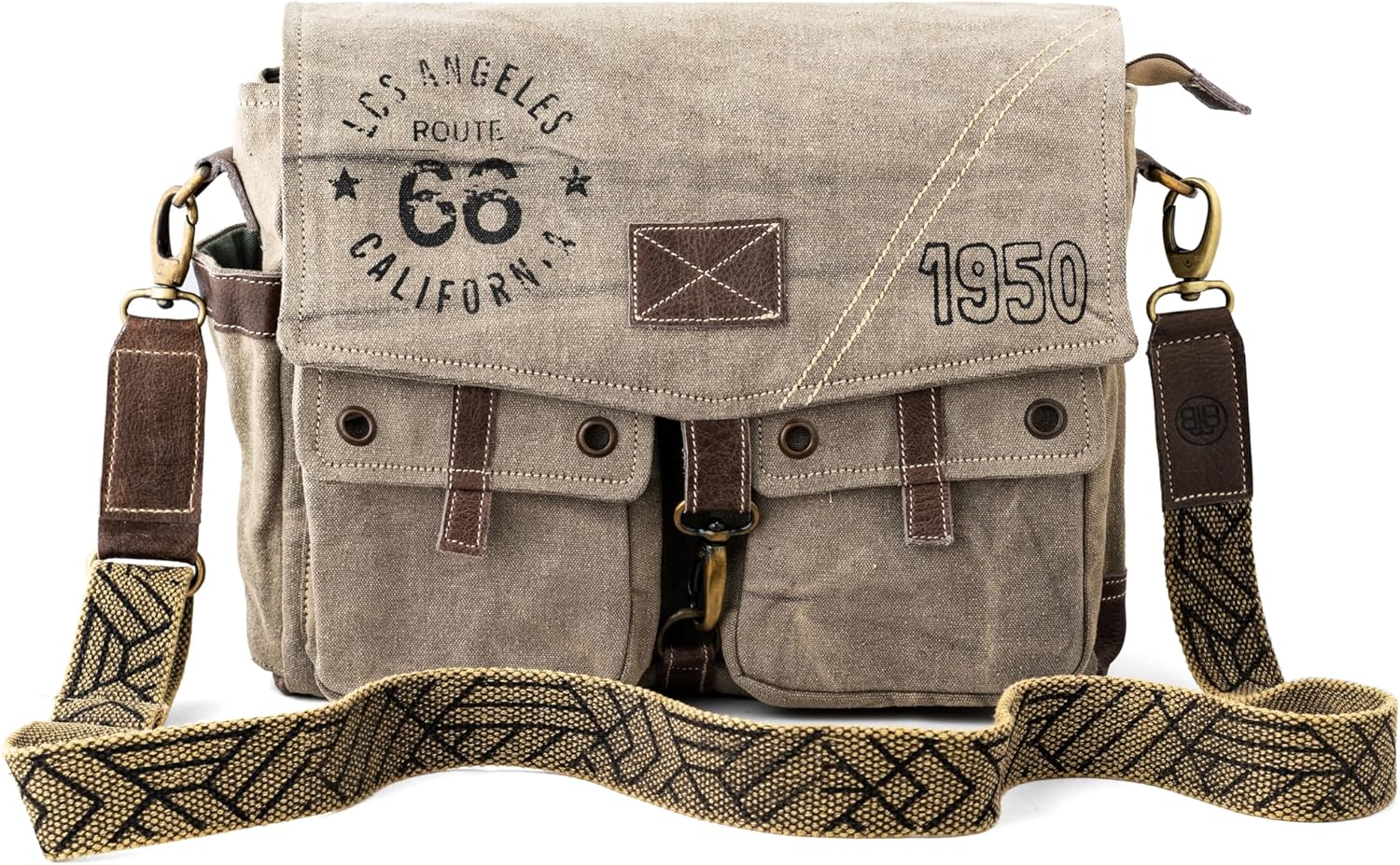 Route 66 Upcycled Military Canvas & Leather Messenger Bag – Vintage Laptop Shoulder Bag Crossbody Purse