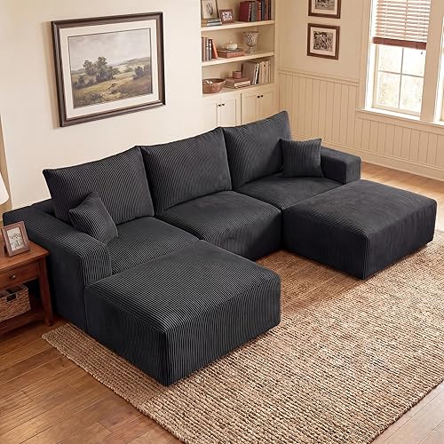 Gericco 113" Modular Sectional Couch, Cloud Boneless Sofa with Deep Seats, Upholstered Corduroy U-Shaped Sleeper Sofa with Chaise, 3-Seater Couches for Living Room, No Assembly Required, Black