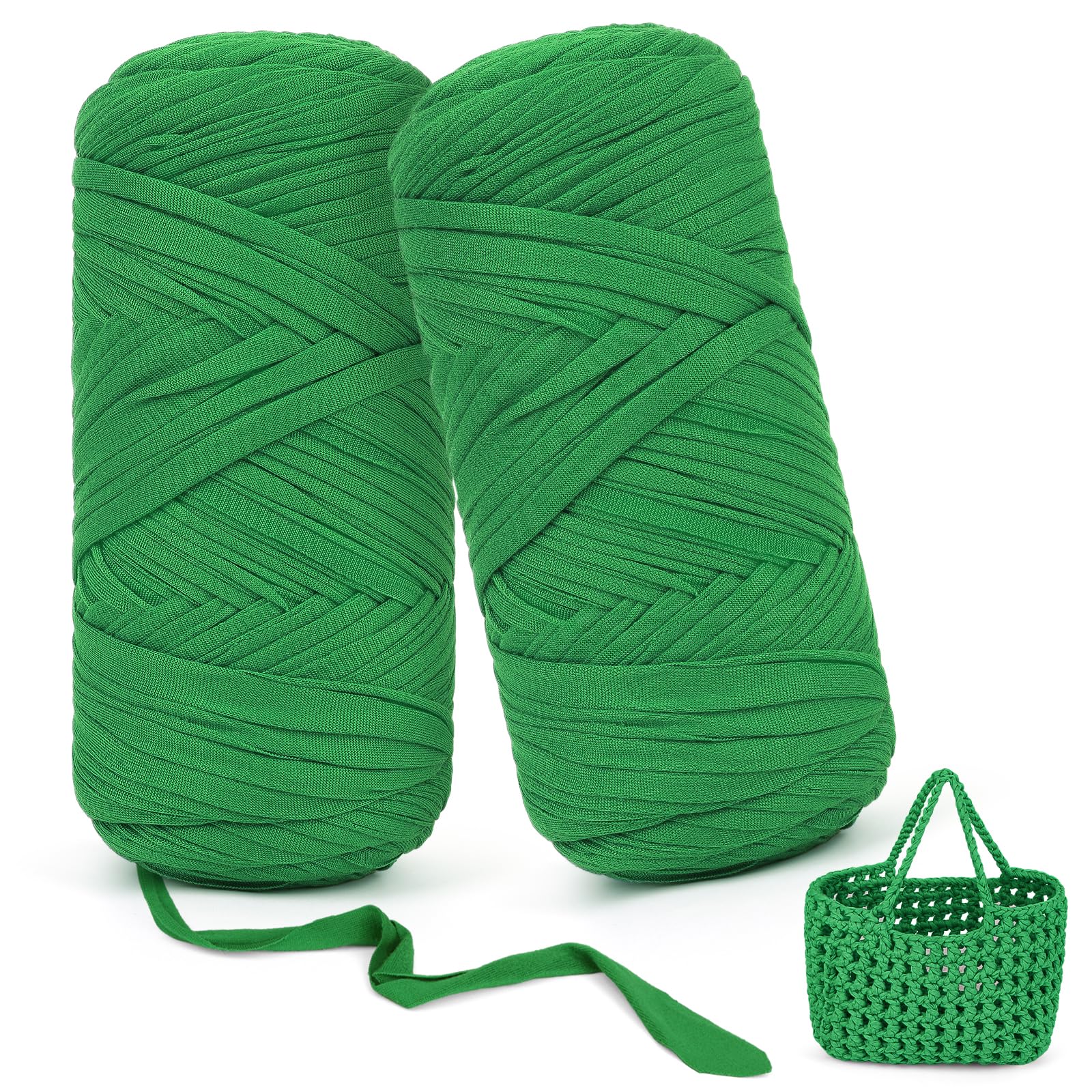 Aeelike Tshirt Yarn, 2x200g Chunky T Shirt Yarn for Crocheting and Knitting, Soft and Thick Elastic Fabric T-Shirt Yarn for Crochet Basket, Bag, Blanket, Home Decor and DIY Crafts(Grass Green)
