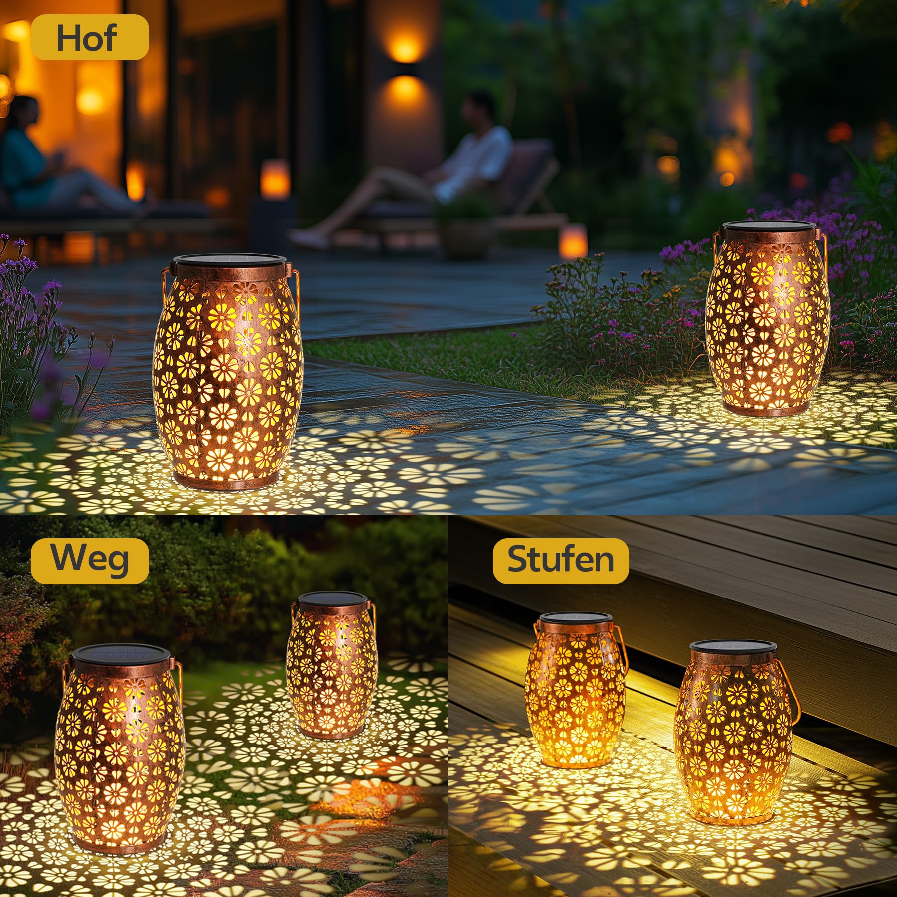 Bonsery Lanterna solare per esterni, 4 pezzi, in metallo, per esterni, da appendere, IP65, impermeabile, per esterni, decorazione da giardino, terrazza, balcone, esterno, ideale come regalo per le