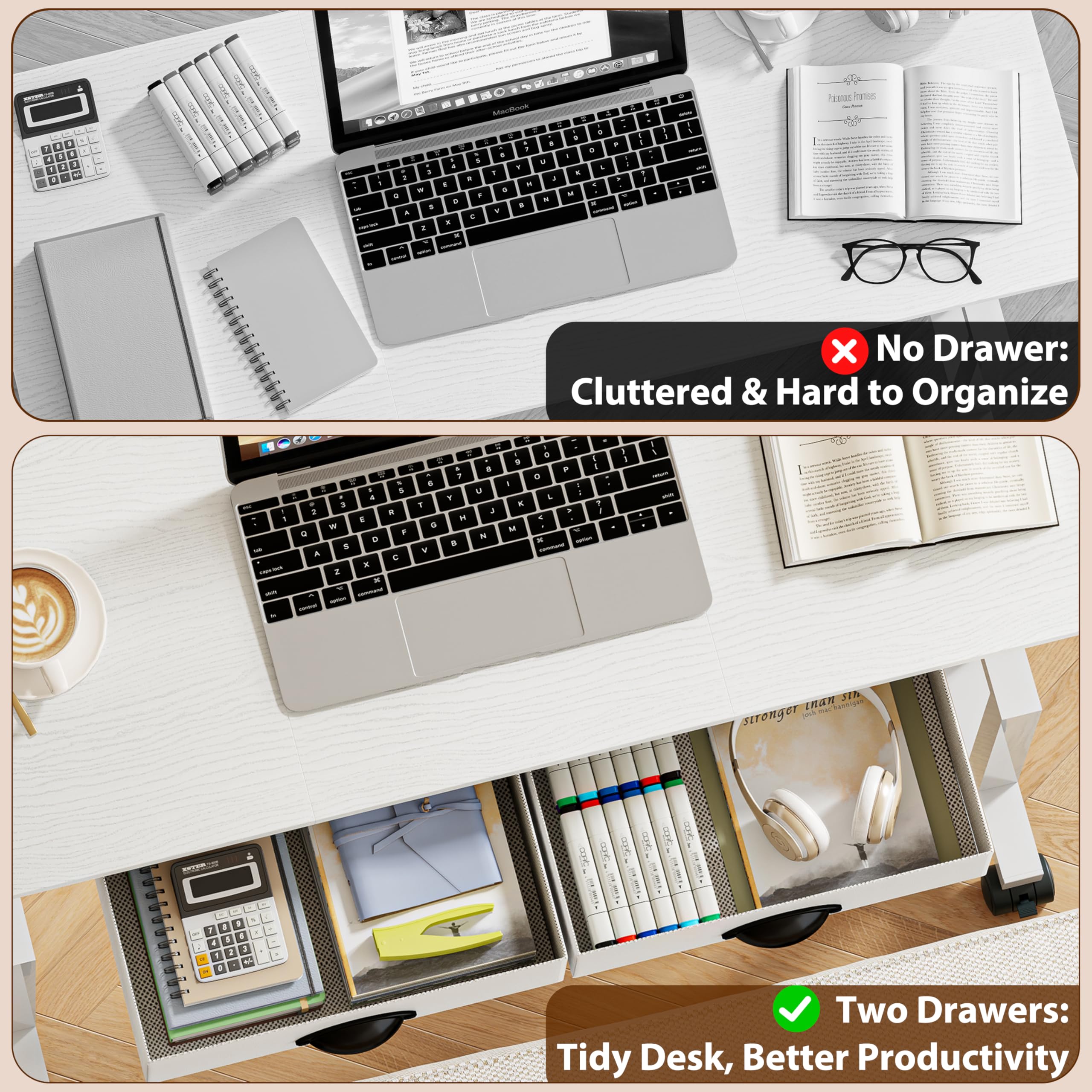 Height Adjustable Standing Desk with 2 Drawers Small Sit Stand Up Desk with Wheels Portable Rolling Desk for — view 3