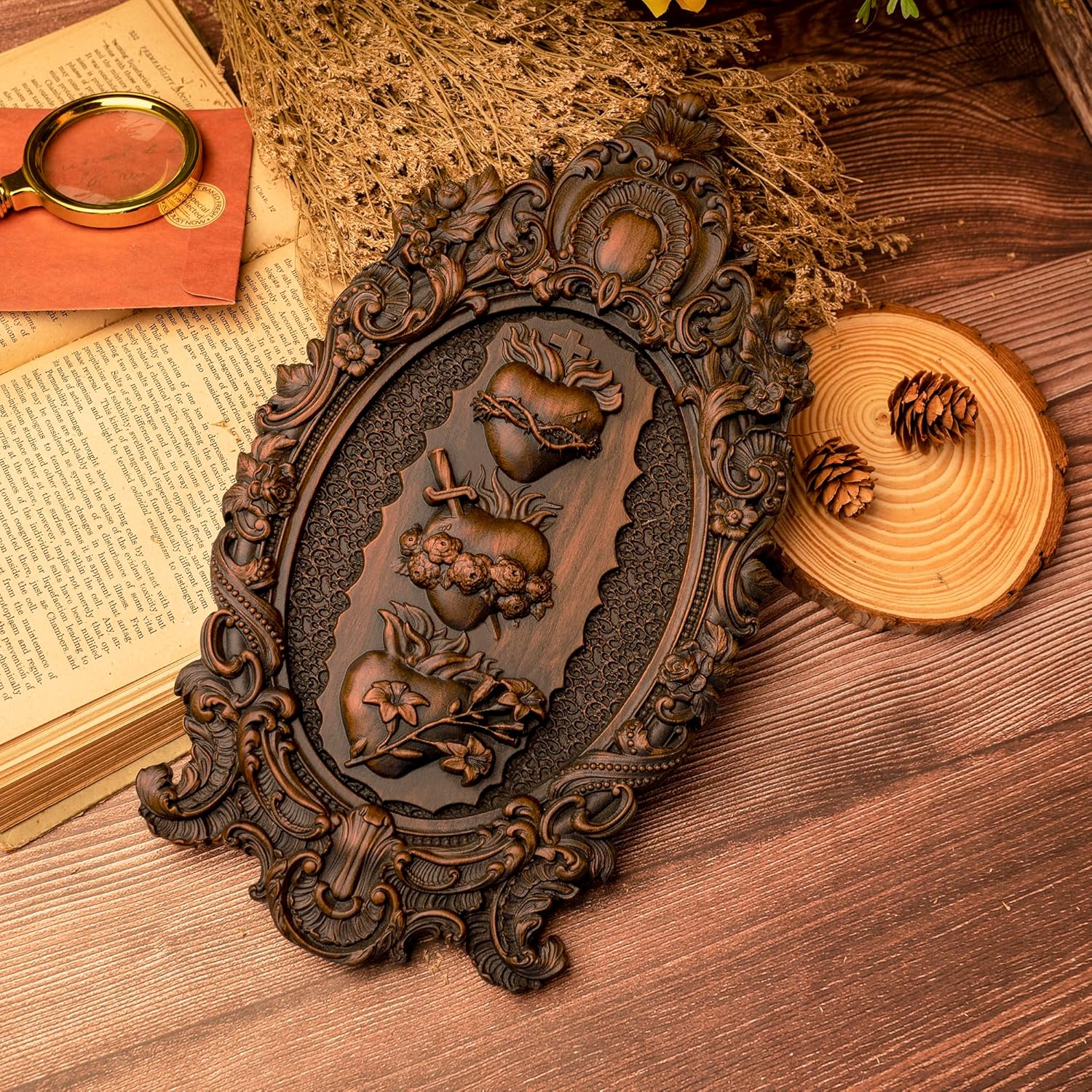 Three Sacred Hearts Wall Plaque Religious Handmade Holy Family Wooden Wall Decor Art Christmas Gift (10 Inch, Vintage)