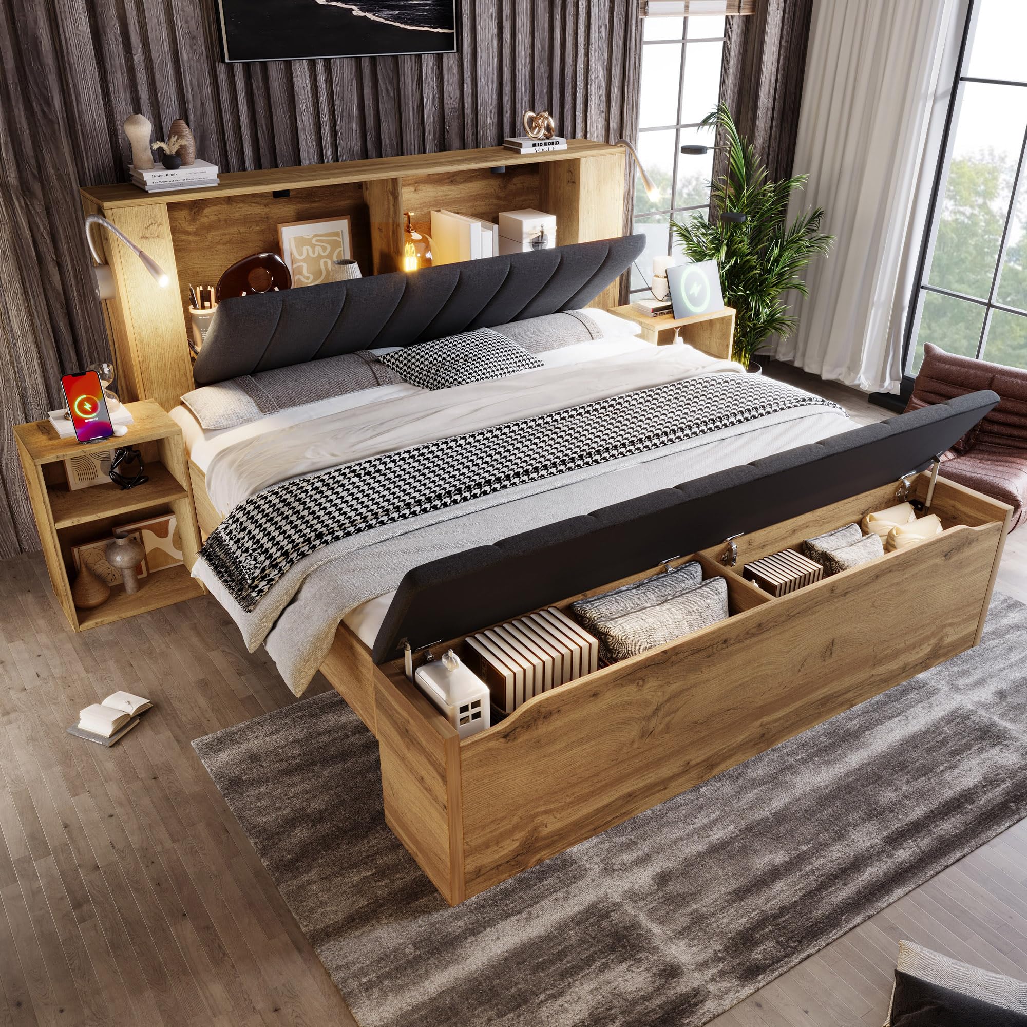 Letto matrimoniale 160x200 con testiera ribaltabile rivestita in tessuto di lino, Letto Industrial con 2 comodini e panca con contenitore, lampade da lettura con USB, Legno Rovere (Senza Materasso)
