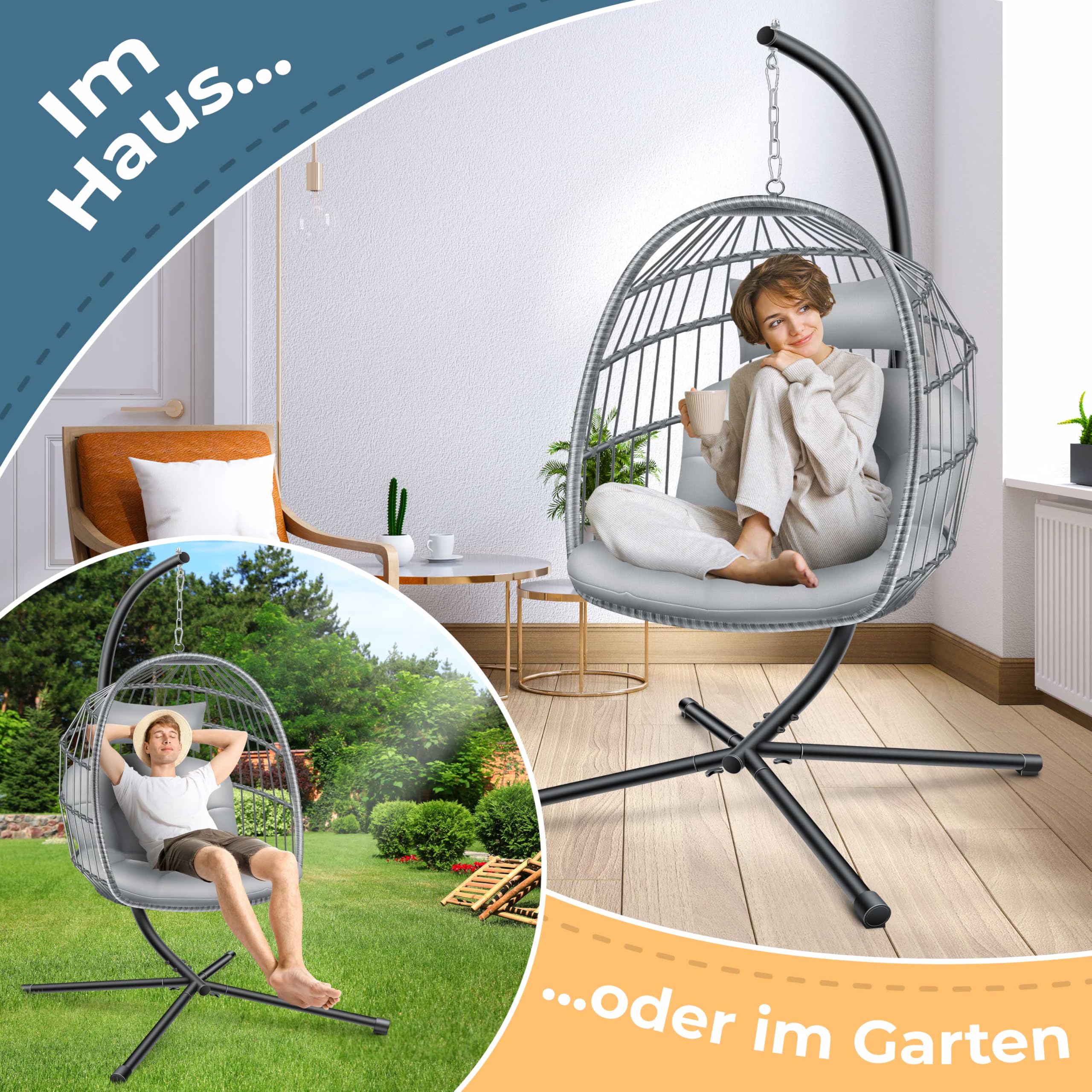 KESSER® Hängesessel Jungle mit Gestell Stahl Hängekorb Sessel Großen Kissen + Decken Halterung + Cover Hängeschaukel Hängesitz Indoor - Outdoor Schaukel Hängestuhl für Kinder und Erwachsene, Grau