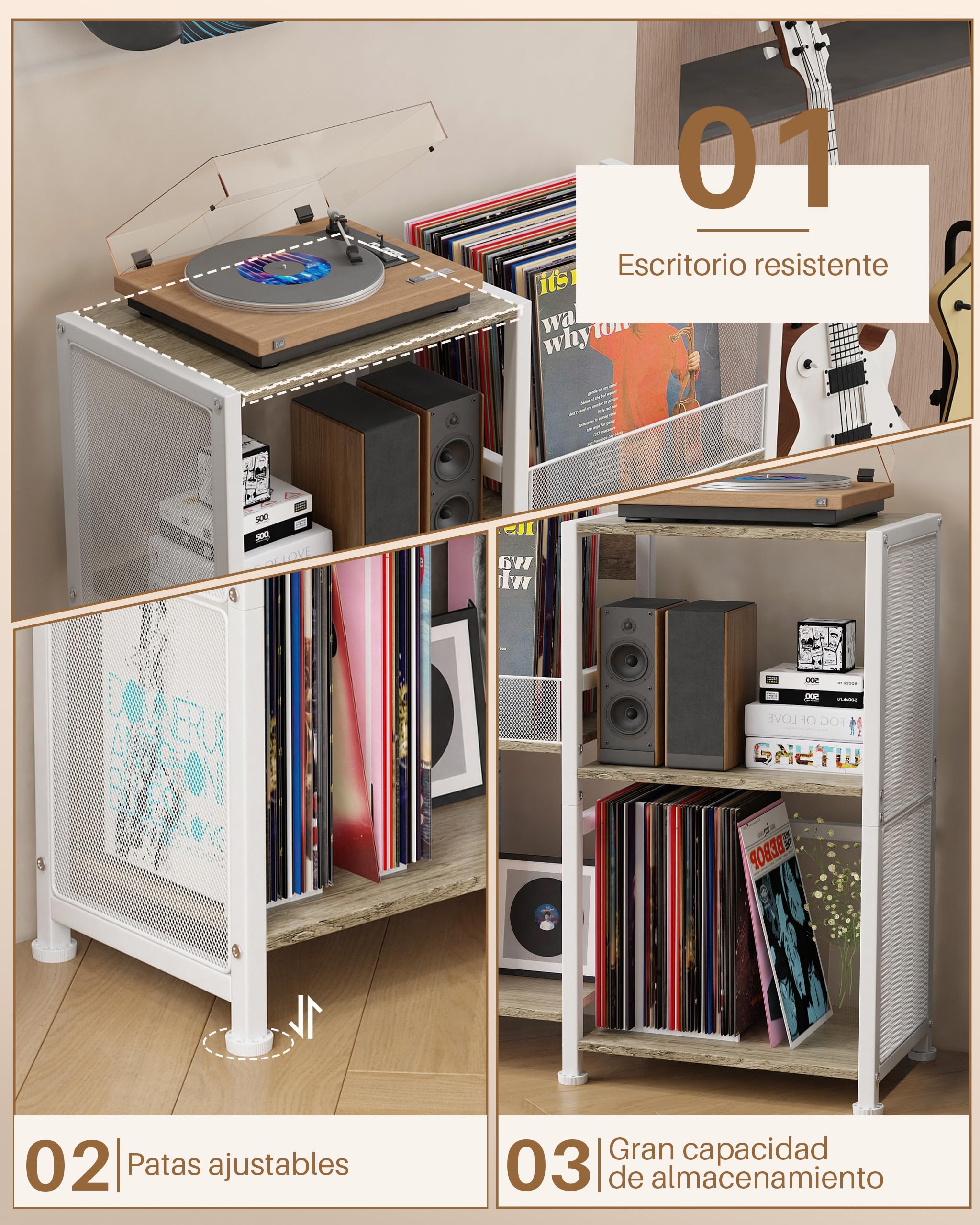 Soporte para tocadiscos, armario de almacenamiento para discos de vinilo | soporte para tocadiscos con espacio de almacenamiento para discos de vinilo para hasta más de 200 álbumes, Blanco