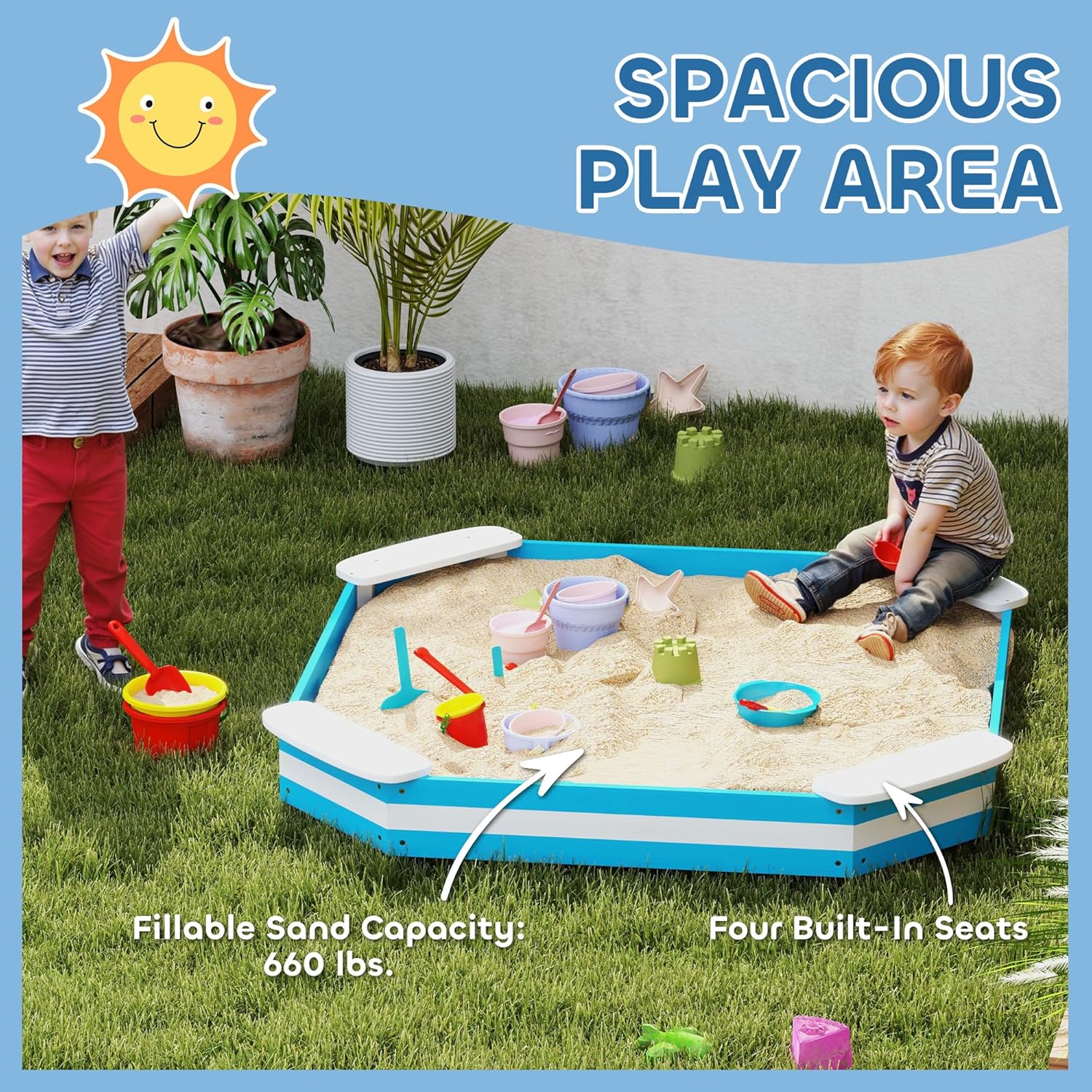 Qaba Kids Sandbox, Outdoor Wooden Sand Pit with 4 Corner Seats, Bottom Liner for Backyard, Garden, 52" x 52" x 6", Blue