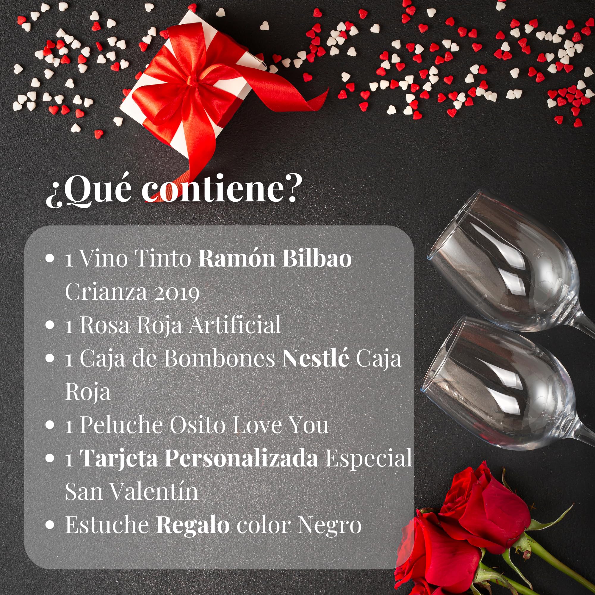 Pack Regalos Originales para San Valentin | Incluye Vino Ramon Bilbao + Bombones San Valentin Caja Roja Nestle + Osito Peluche LOVE + Rosa | Perfectos Regalos de San Valentín para Mujer y Hombres