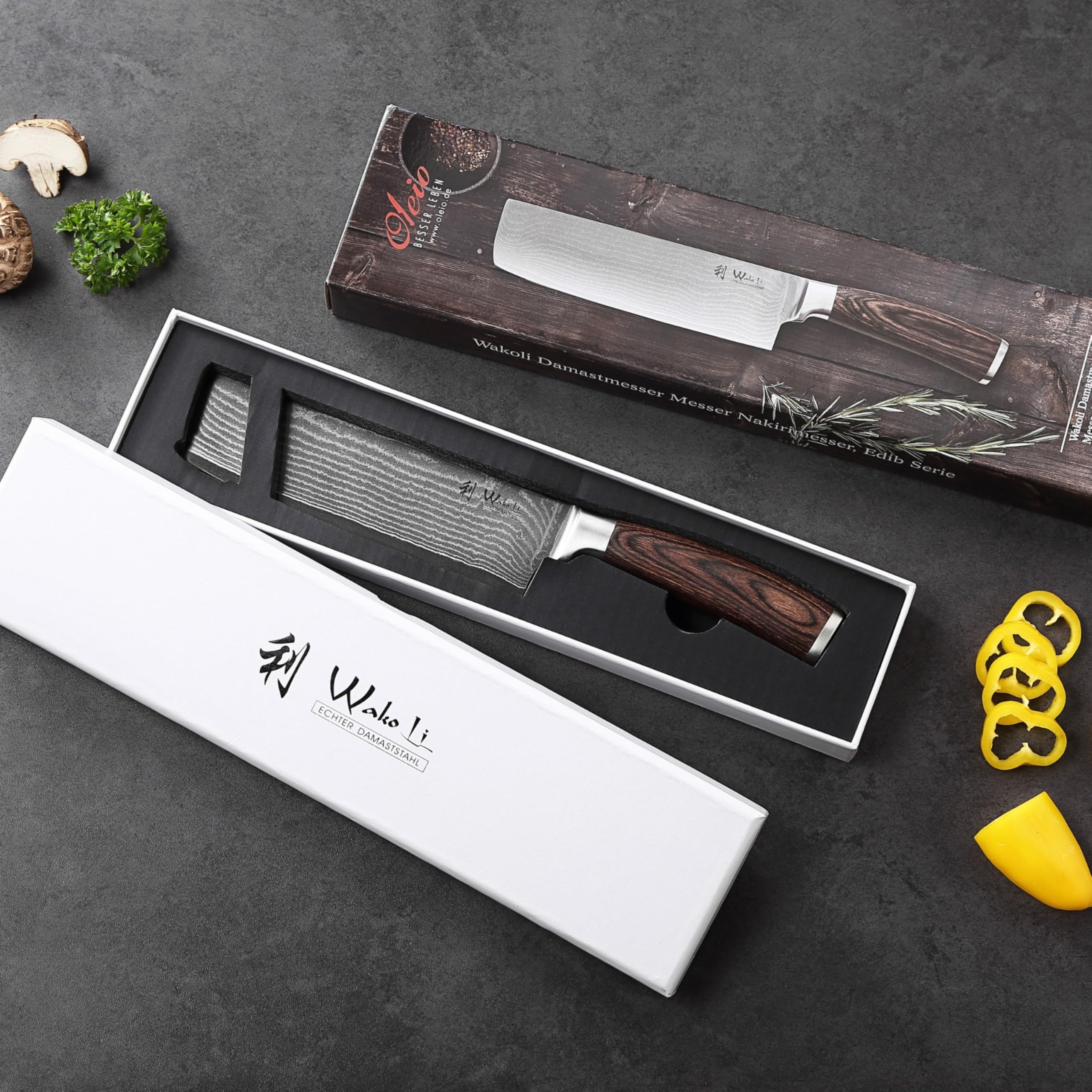 Wakoli EDIB Couteau Nakiri de Cuisine Professionnel en Damas, Lame 17,5 cm | acier damassé à 67 couches, noyau VG10, manche en bois de pakka, lame tranchante et précise pour les travaux en cuisine