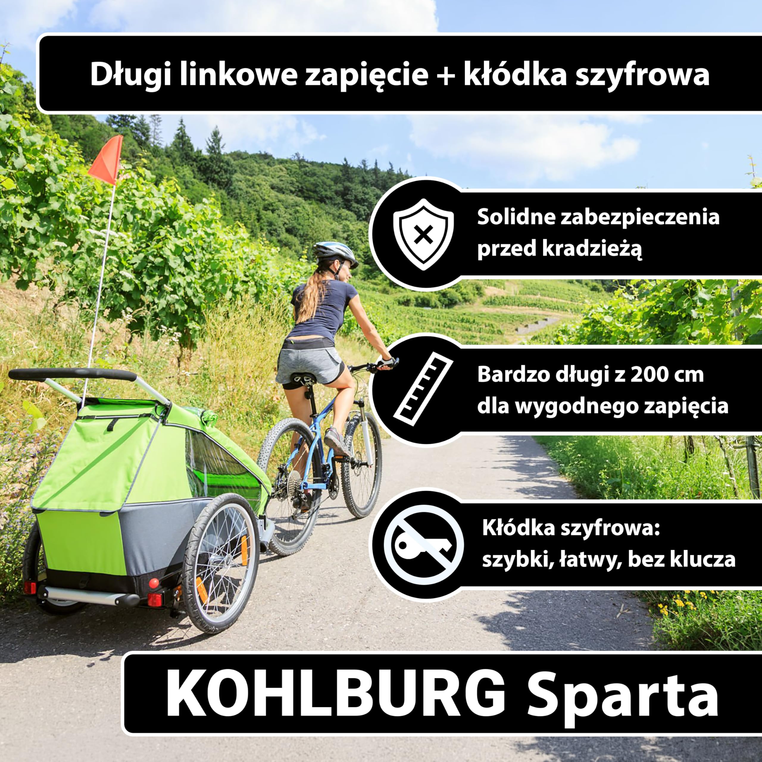 KOHLBURG zamek szyfrowy 200 cm | Linka stalowa z kodem do roweru 2 metry, kabel mebli ogrodowych i sprzętu 2 m