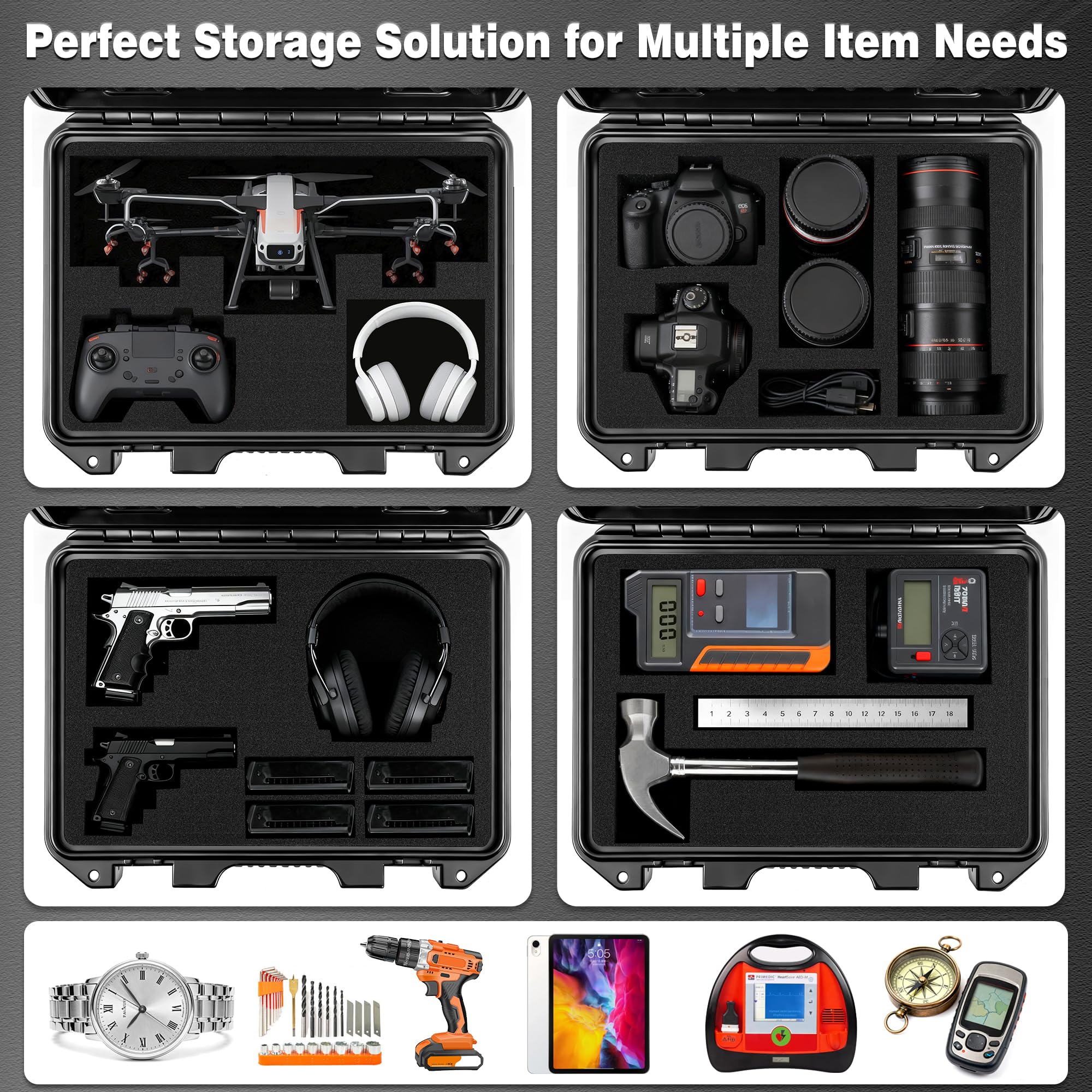 OUUTMEE Custodia rigida portatile, custodia rigida protettiva per fotocamera con schiuma, Nero , XL-41*34*15CM, Organizer per borse | IP67 Custodia antiurto con schiuma personalizzata, per fotocamere, droni, obiettivi, strumenti e attrezzature