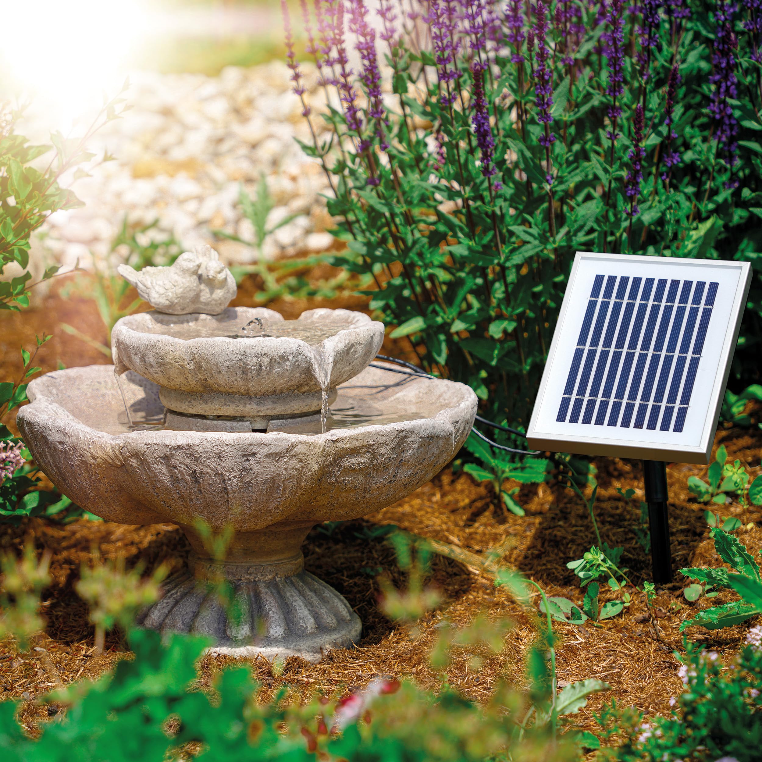 esotec Solarbrunnen Vogelpaar mit LED Beleuchtung, Akku, Solarmodul, USB-Ladung, Timer, Solarmodul, Akku, LED-Licht warmweiß, 5m Kabel, Erdspieß und Wandhalterung, Balkon-Brunnen Outdoor 101379