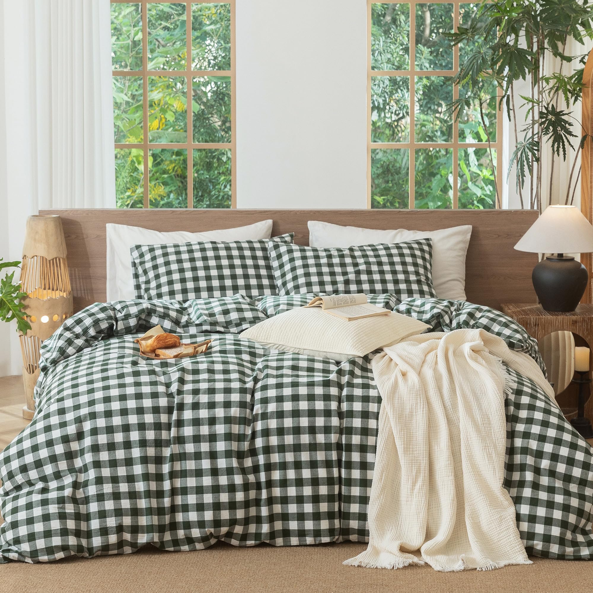 MooMee Gingham Duvet Cover Set 100% Washed Cotton Linen Like Textured Breathable Durable Soft Comfy Modern Checkered Design (Buffalo Plaid Forest Green, Palatial King/Oversized King 120"x98") โ image 1