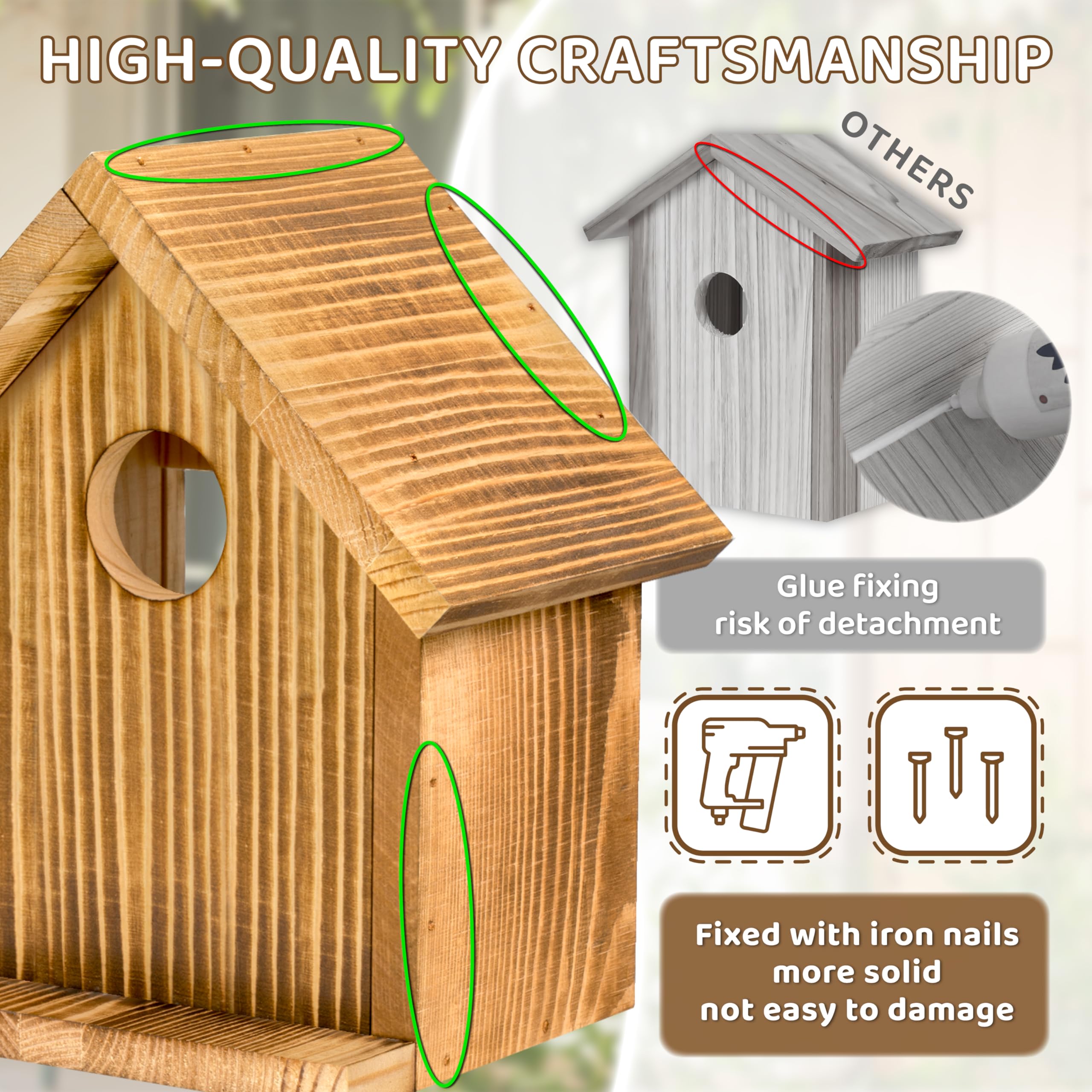Casas para pájaros con ventana para exteriores con 2 potentes ganchos, casa de pájaros con ventana transparente para ver en el interior, casas de pájaros de madera colgantes para pintar al aire libre, 4