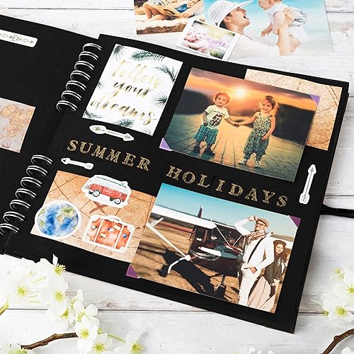 Miniatura 6 de Bstorify Álbum de recortes de 10 x 10 pulgadas, 70 páginas, protectores de esquina de papel kraft grueso negro, cierre de cinta, ideal para tus