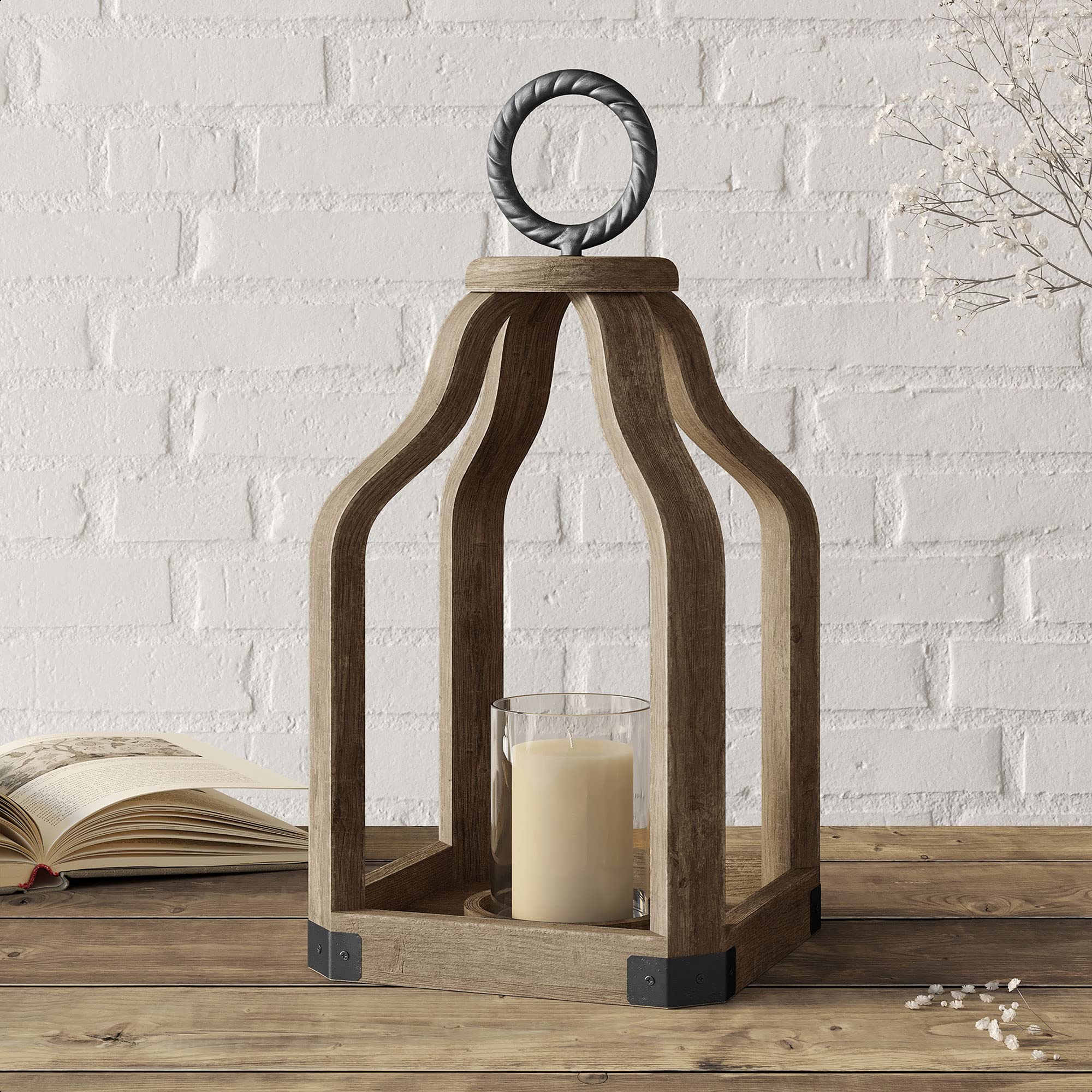 Barnyard Designs Wood Lantern Decor, Rustic Decor Candle Lantern, Outdoor Lanterns Farmhouse Candle Holder, Decorative Lanterns for Wedding, Farmhouse Table Decor, Large 7.5" x 15.75", Brown