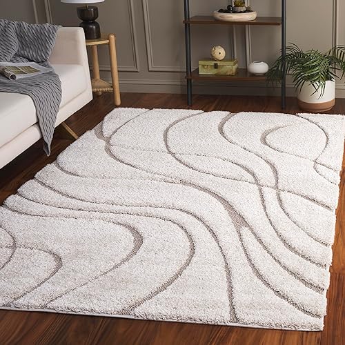 SAFAVIEH Colección Florida Shag SG471 - Alfombra con ondas abstractas de 6 x 9 pies, color cremabeige, para sala de estar, dormitorio, comedor,