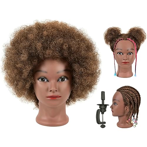 Afro Kinky Curly Real 100% Human Hair Mannequin Head with Stand for Hairdresser Practice Cosmetology Manikin Doll Training Head Braiding Styling Cutting Updos