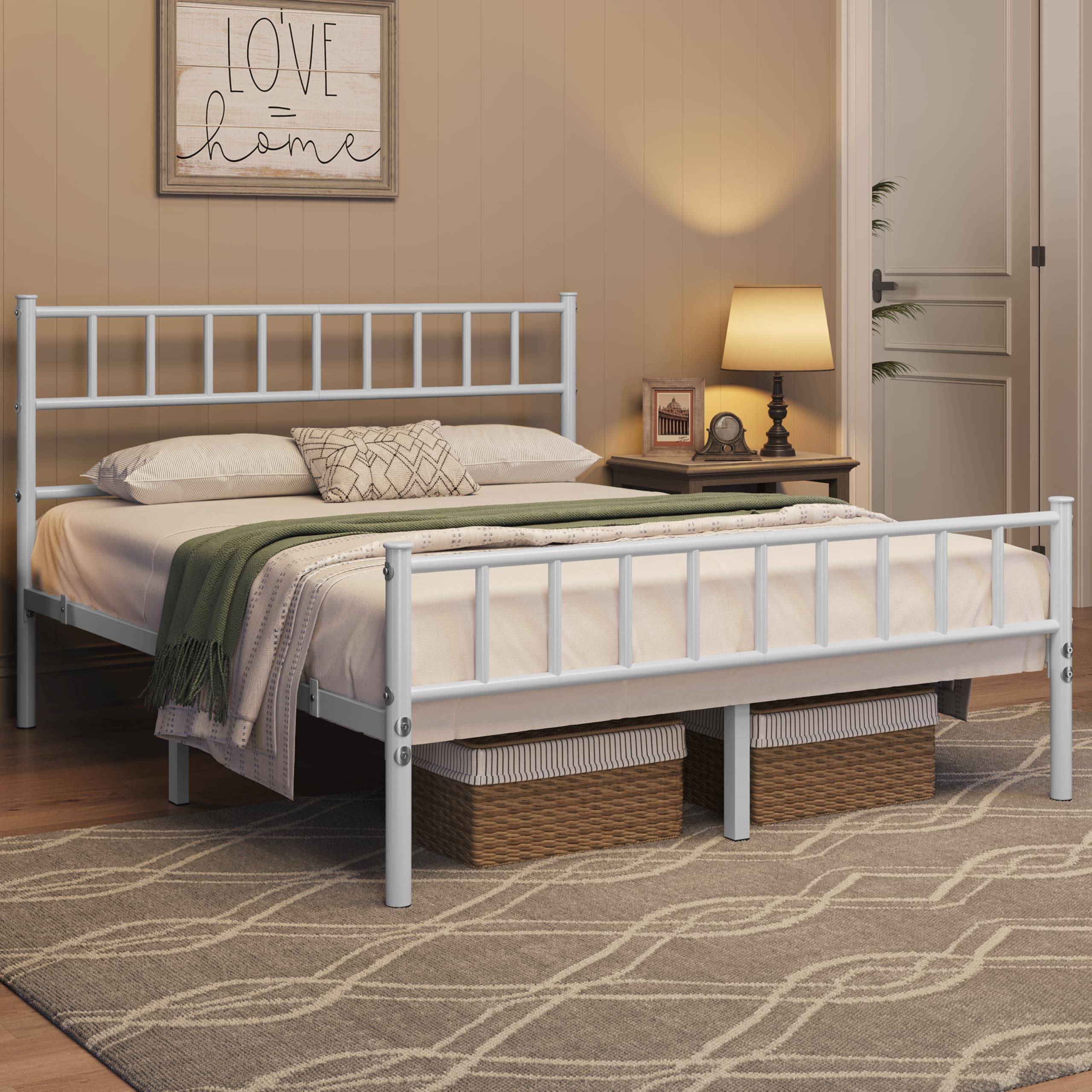 Yaheetech Cama Individual Doble de Metal 135 x 190 cm Blanca Moderna