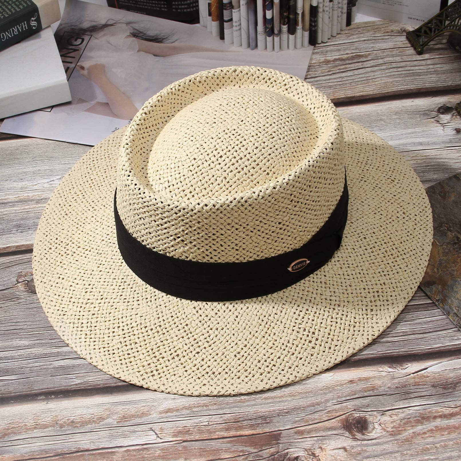 EOZY Chapeau de Paille Femme Homme Vintage Panama Chapeau Pork Pie Été Large Bord Chapeau de Soleil Anti-UV pour Plage Voyage