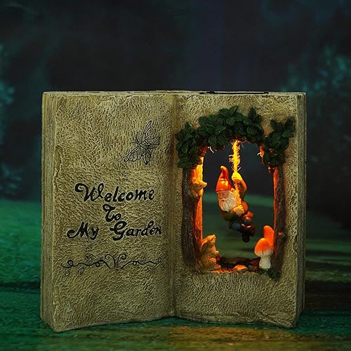 Miniatura 2 de Estatua de gnomo de jardín para exteriores, energía solar, libro solar, estatua de casa, columpio de gnomo en árboles, bienvenido a mi jardín