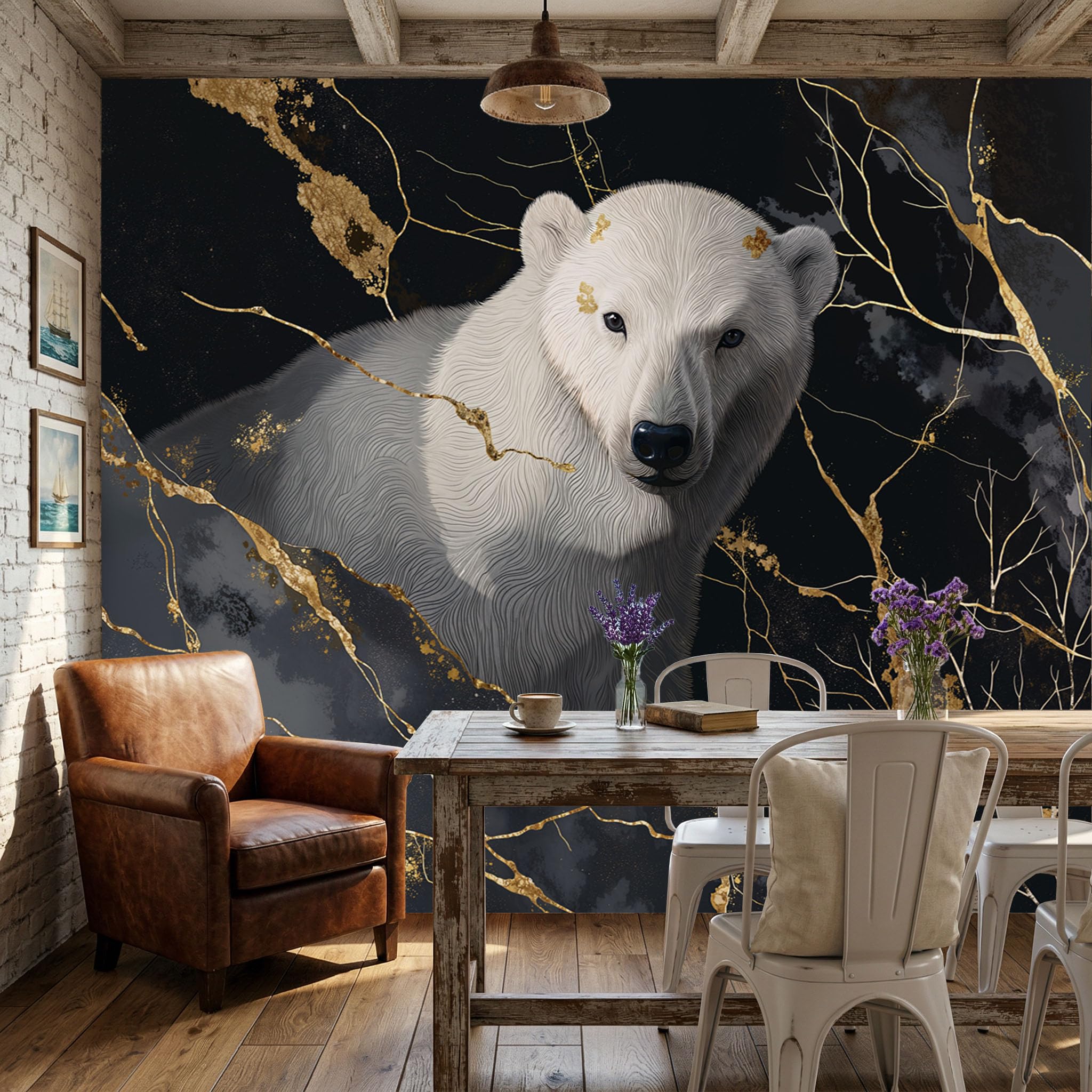 Carta Da Parati Fotografica Orso Polare 200x140cm Nero Decorazione Da Muro Poster Gigante Design Soggiorno Ufficio Camera Da Letto Effetto Marmo Lamina D'Oro