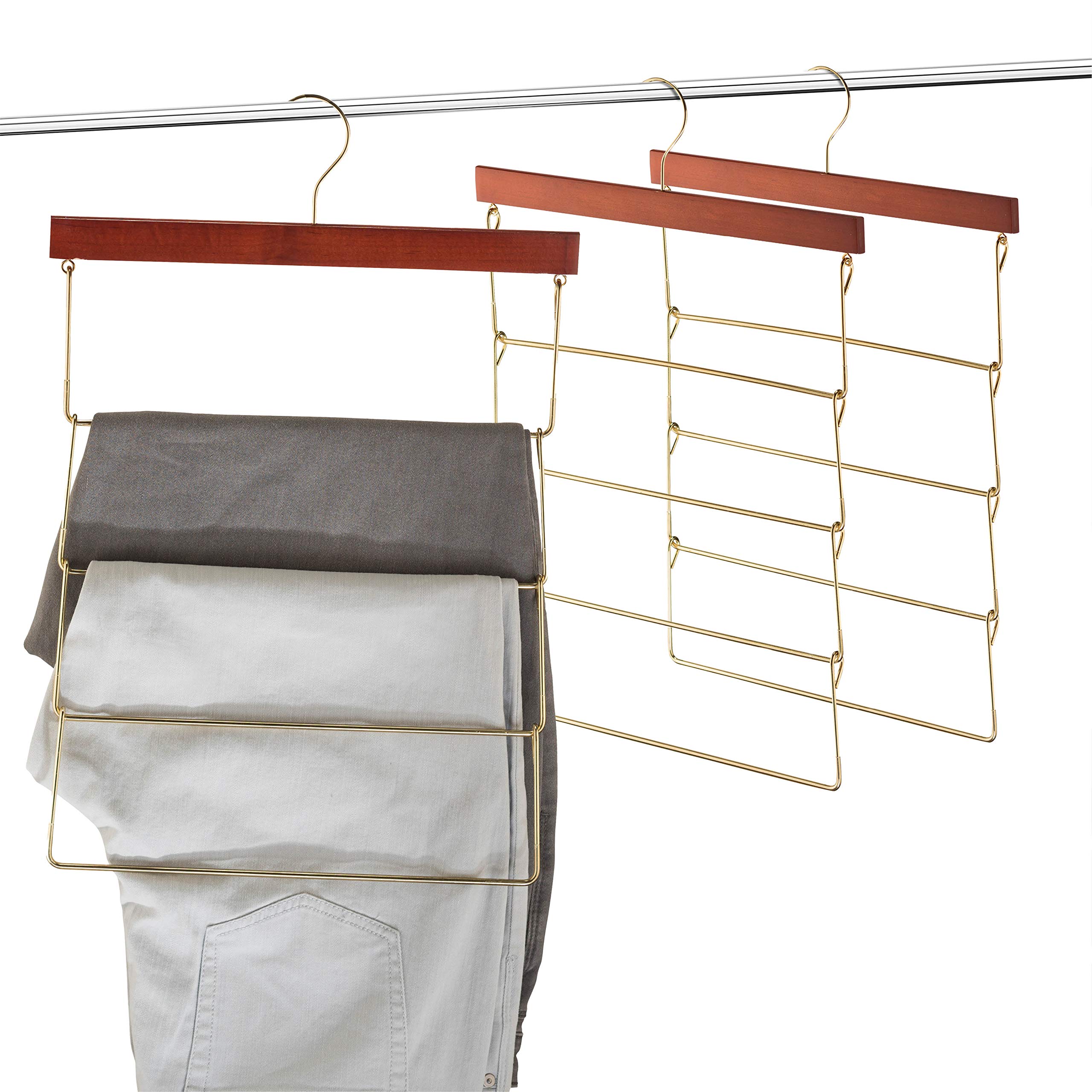 High-Grade 4 Tier Wooden Pants Rack Hangers Non Slip (3 Pack) Rubber Coated Hangers, Slim & Space Saving Hanger [Hang 4 ON 1] 360° Hook, Anti-Rust Durable Metal Pants Hangers for Trousers, Blankets...