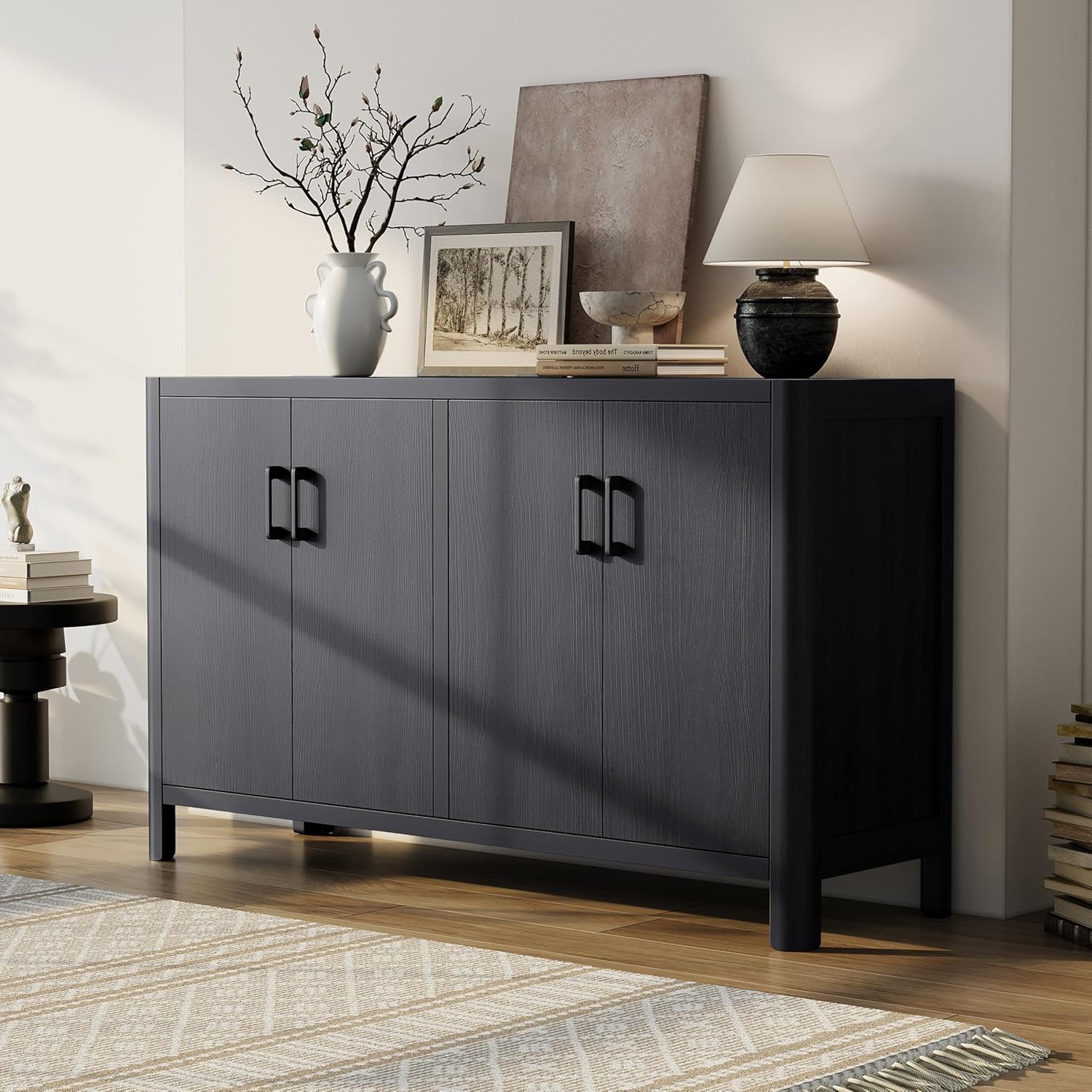 Farmhouse Style 4-Door Cabinet with Natural Finish, A Rustic Accent Sideboard for Entryways or Small Spaces, Black