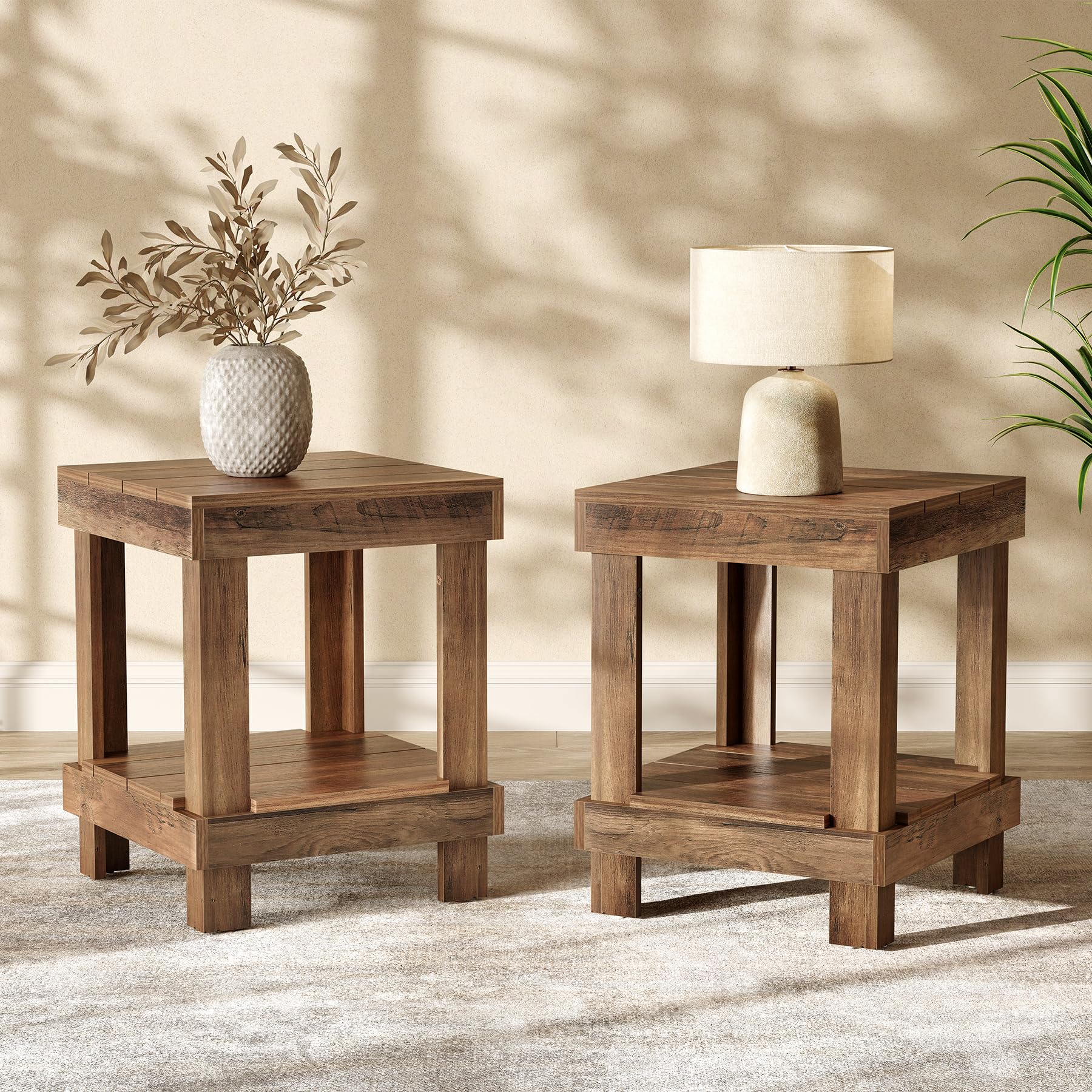 LITTLE TREE Side Table Set of 2, All Wooden Square End Table with 2 Storage Shelves, Farmhouse Side End Table for Living Room, Chairside Table for Small Spaces, Natural Color