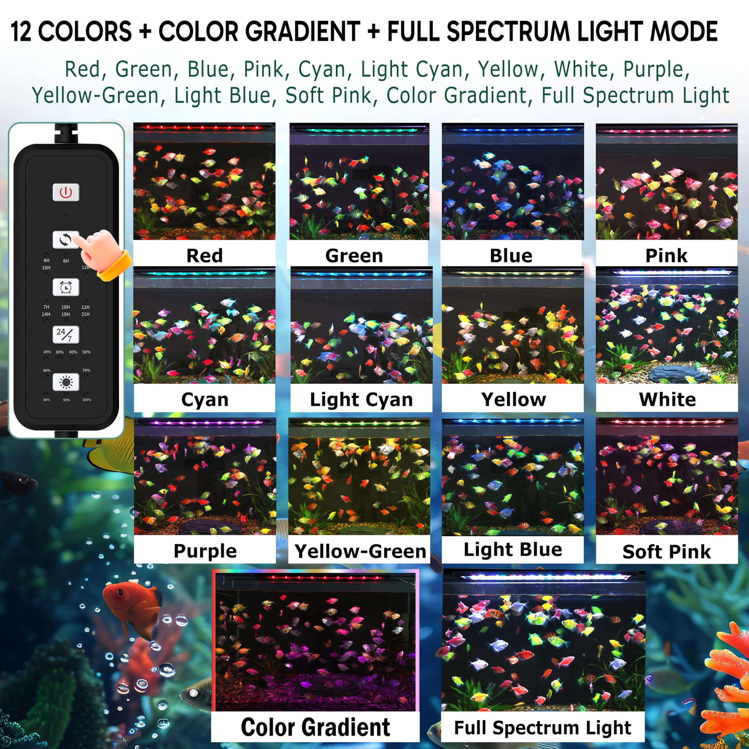 NEOAQLUX 24/7 LED Aquarium Light for 12-18 Inch Plant & Fish Tank IP68, 12-Color & Gradient & Full Spectrum with Sunrise-Daylight-Moonlight, Auto On/Off, Brightness, Extendable Brackets for Freshwater - image 6