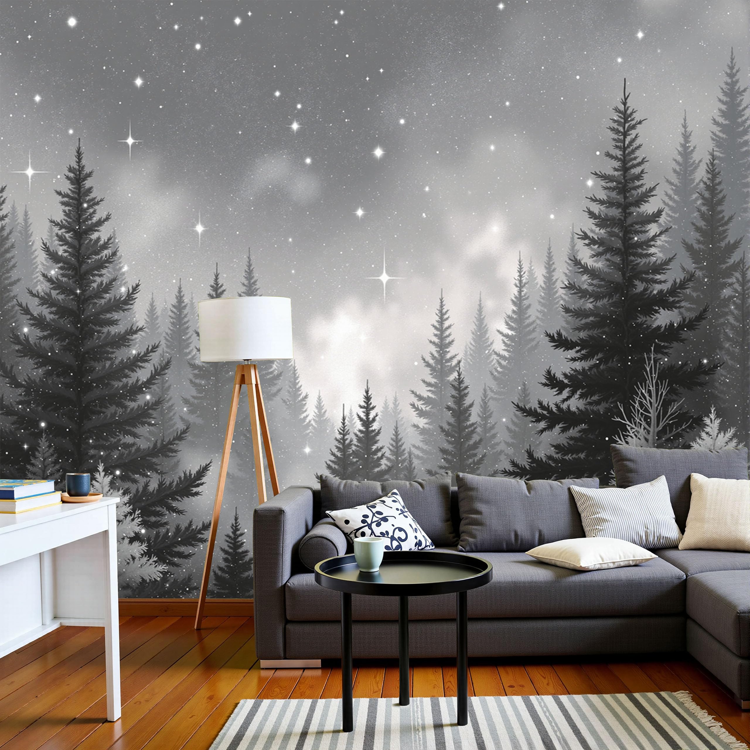 Papier peint panoramique forêt la nuit décoration murale salon et restaurant 200x140