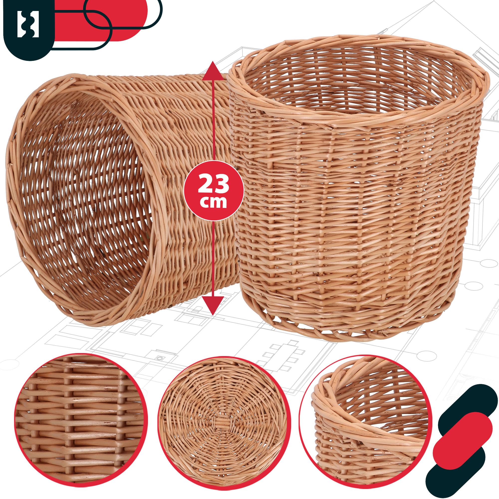 KOTARBAU® 2 x De Fleur en Osier pour Balcon Naturel 25x23cm Cache Pot Plante Interieur |Cache-Pots De Fleurs |Cache-Pot Osier |Panier Plante |Panier Osier Plante |Cache Pot Rotin |Grand Cache Pot