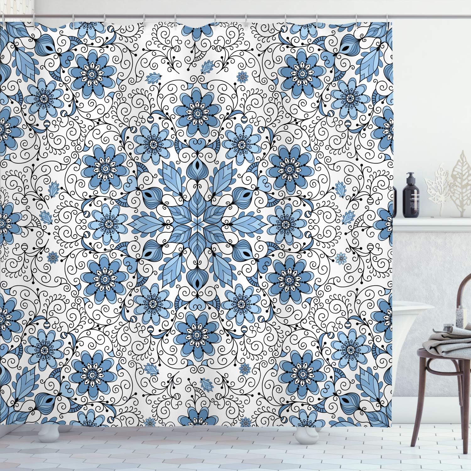 Ambesonne Ethnic Shower Curtain, Vintage Abstract Flower Swirls Leaves Doily Style Pastel Illustration, Cloth Fabric Bathroom Decor Set with Hooks, 75" Long, Pale Chocolate