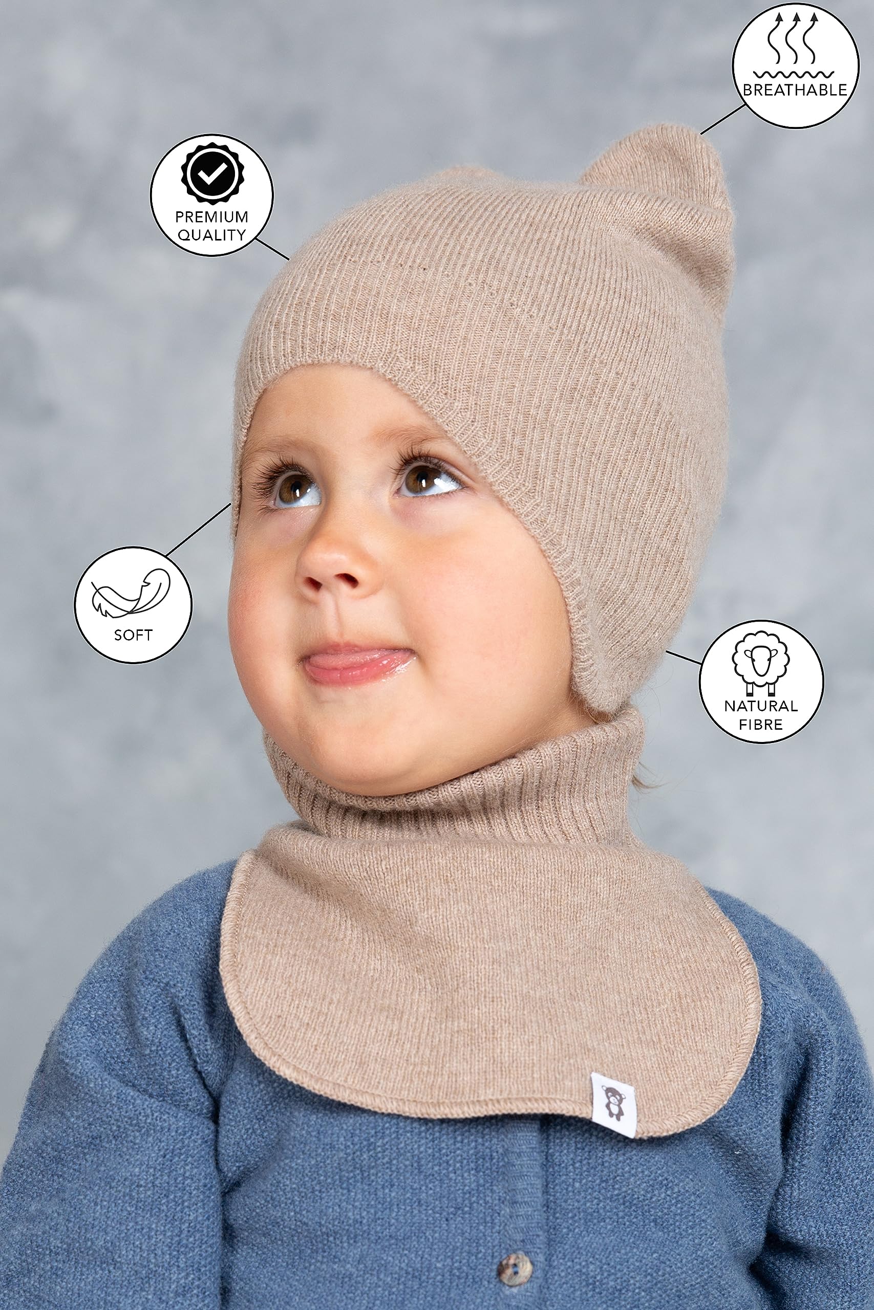 Einlagig Gestrickte Kindermütze aus Merino und Kaschmirwolle für Kleinkind, Superweiche, Warme Mütze für Jungen und Mädchen 1-8 Jahre, Farbe Beige, Grau, Rosa