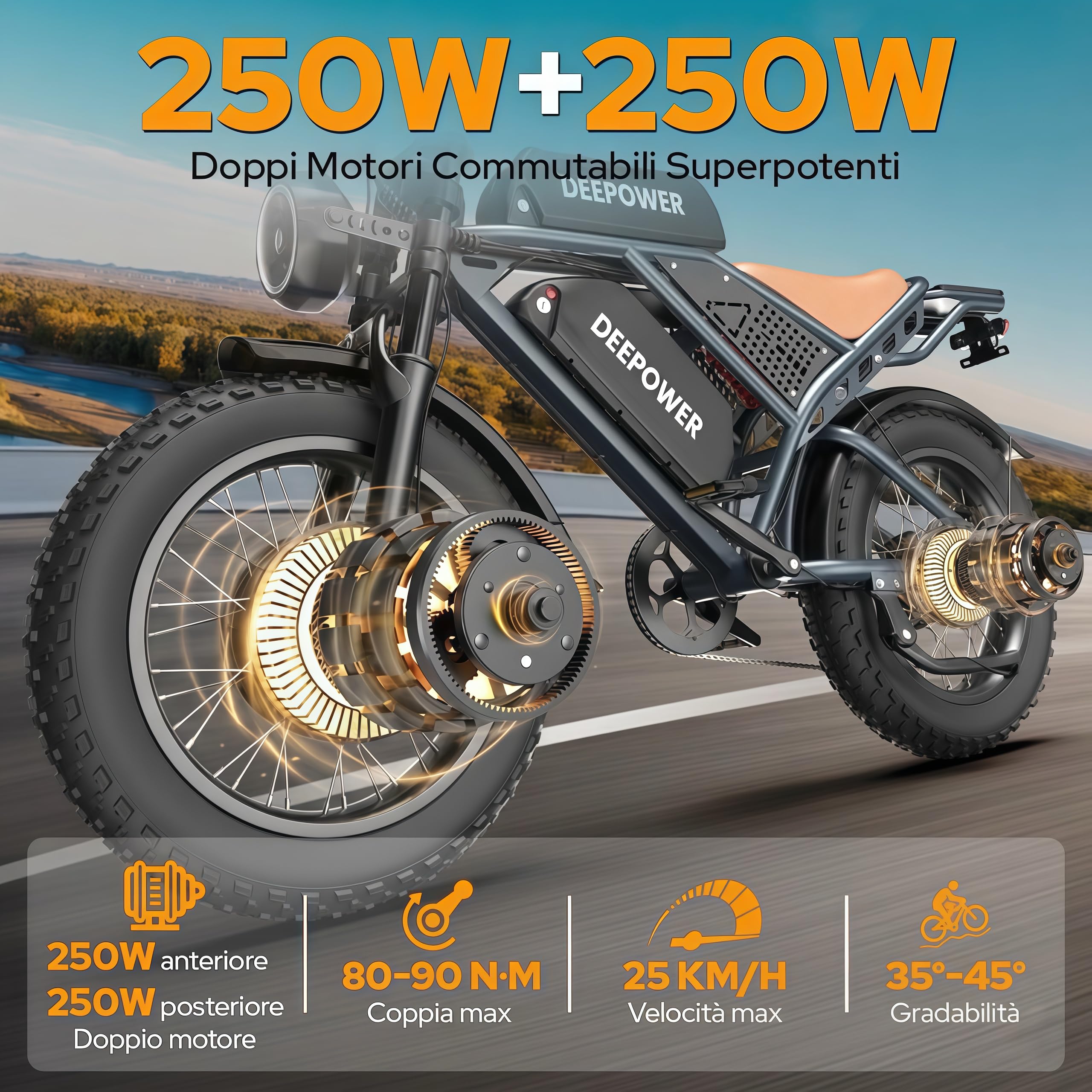 S8 Bici Elettrica 20 Pollici, Doppio Motore ad Alte Prestazioni, Doppia Batteria Rimovibile 48V 60Ah, Autonomia 120-250 KM, Sospensione Idraulica, Cambio Shimano 7 Velocità, E-Bike Uomo Donna