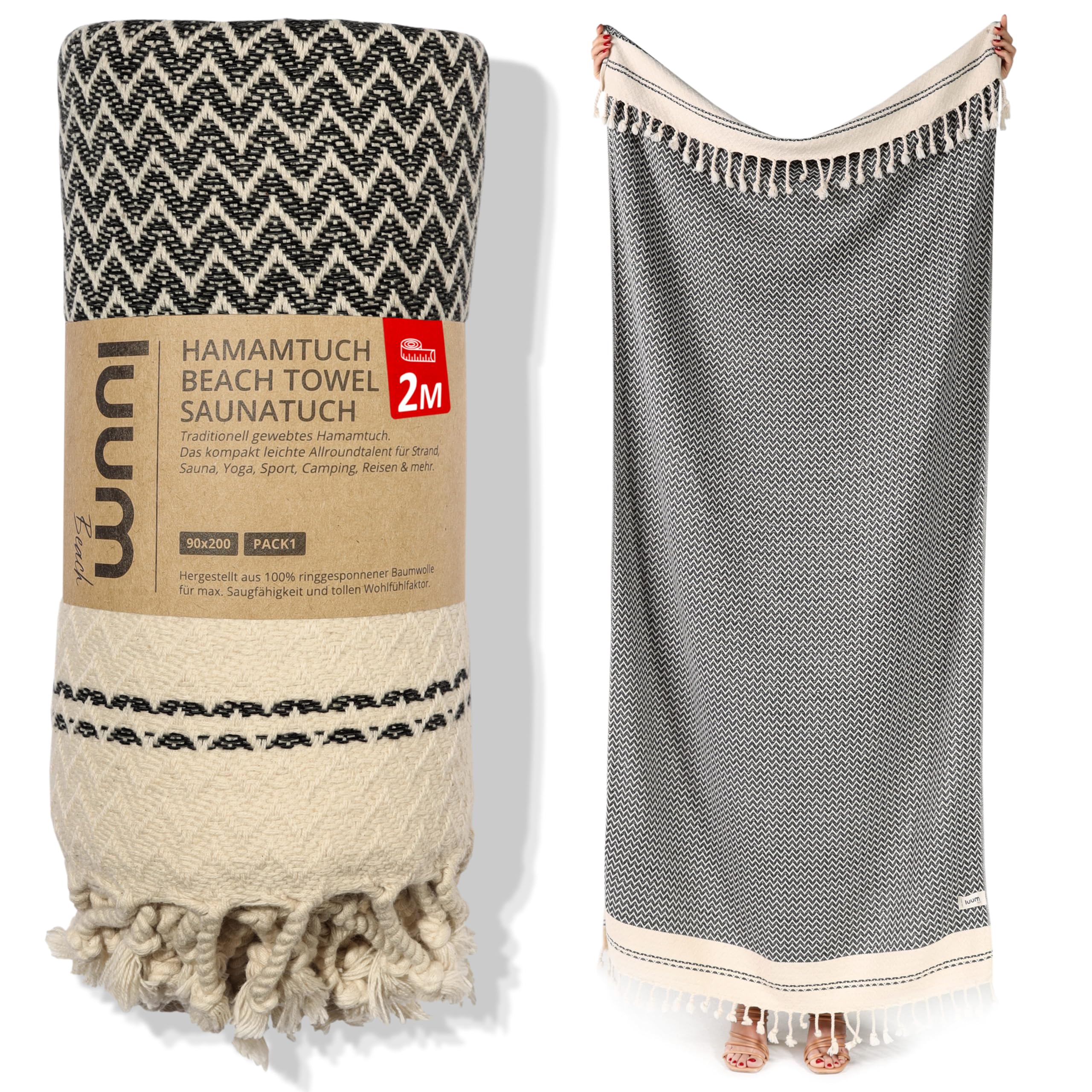 Luum® Strandtuch groß 90x200 Saunahandtuch Hamamtuch Badetuch Handtuch Yogatuch Duschtuch Strandhandtuch Saunatuch Reisehandtuch Turkish Towels, Damen Herren, 100% Baumwolle, Anthrazit