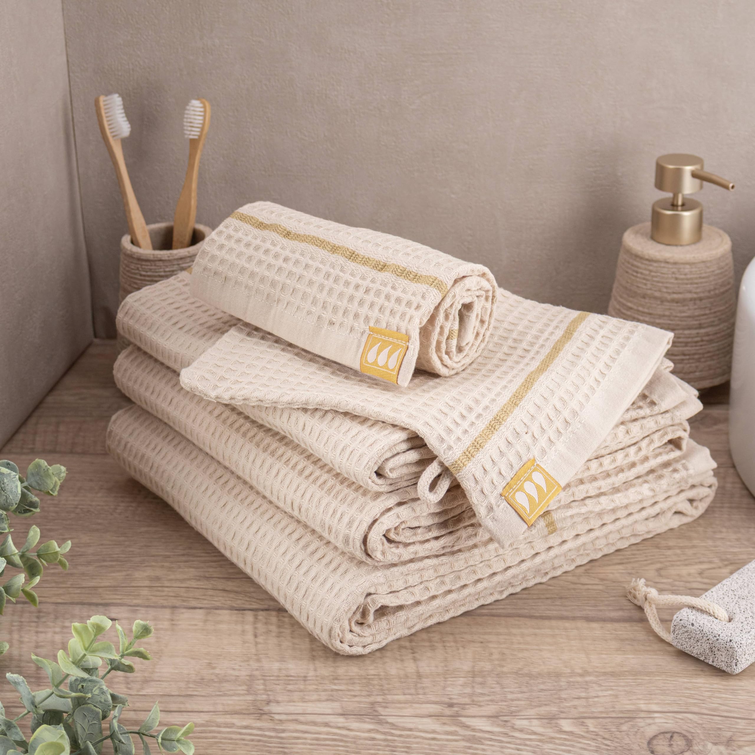Tendance - Set de 2 Gants de Toilette 15x21cm 100% Coton Nid d'Abeille - Beige - Salle de Bain - Linge de Bain