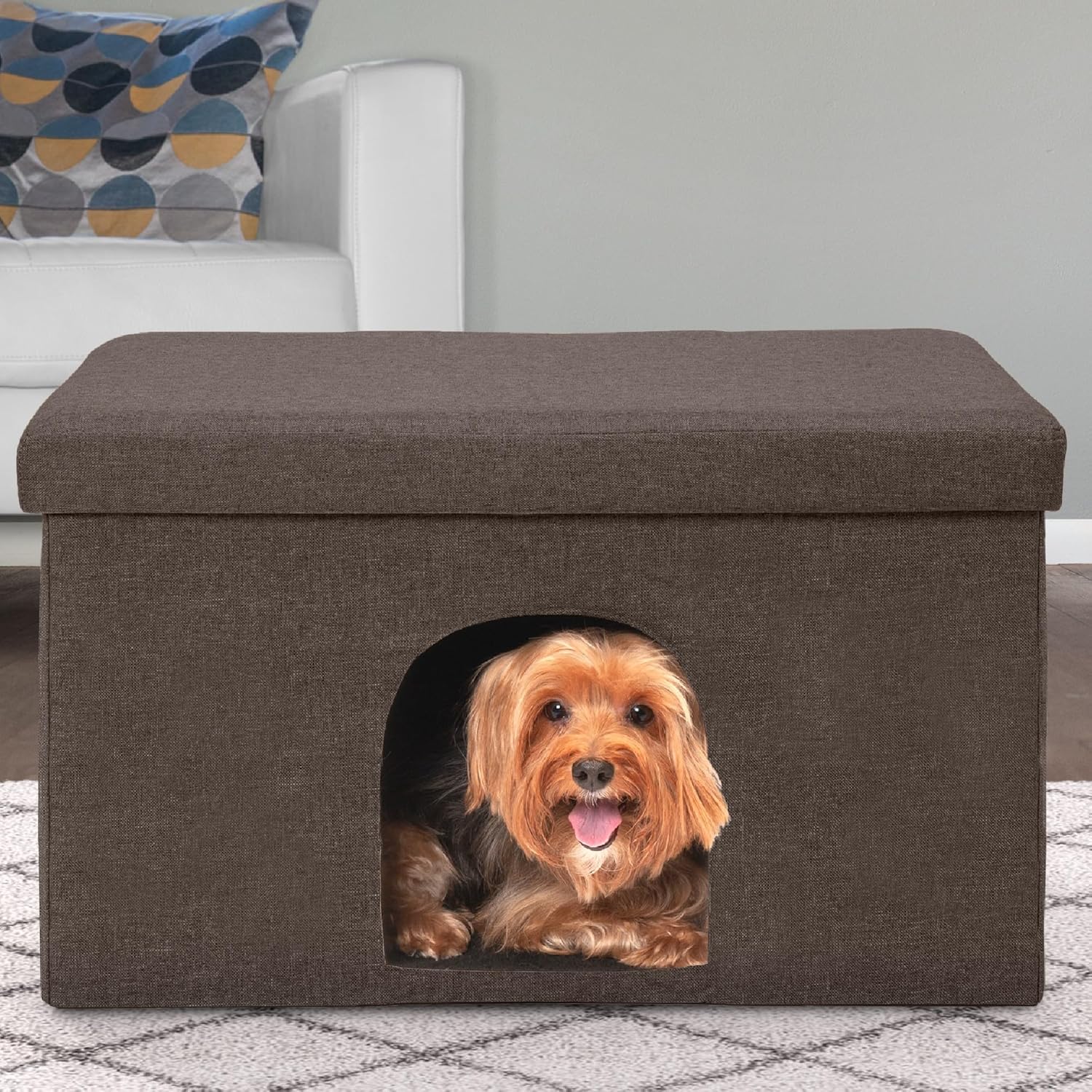 review Furhaven Pet House for Indoor Cats & Medium/Small Dogs, Collapsible & Foldable w/ Plush Ball Toy - Living Room Ottoman Cat Condo - Coconut Brown, Large