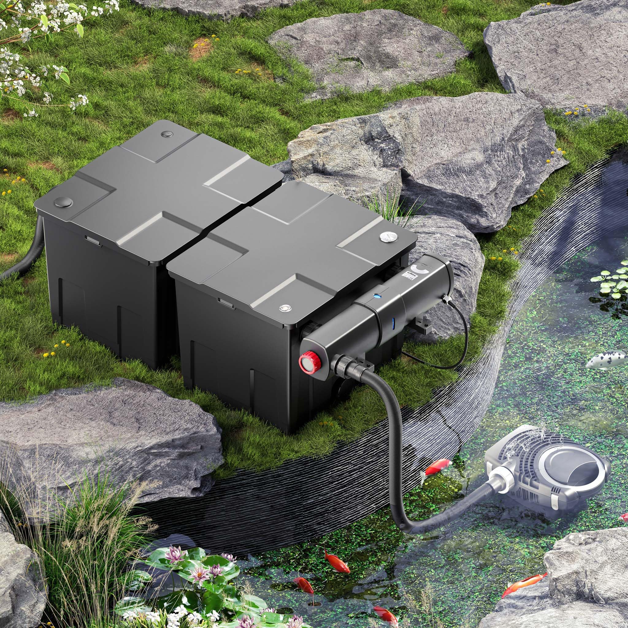 SunSun Komplettset: CBF-350B Teichfilter bis 60000 L Teichfilteranlage Durchlauffilter, NEO10000 Teichpumpe 10000l/h 80W, CUV-236 Teichklärer 36W, 10m Teichschlauch 38 mm, Schlauchschellen W1 44-47mm