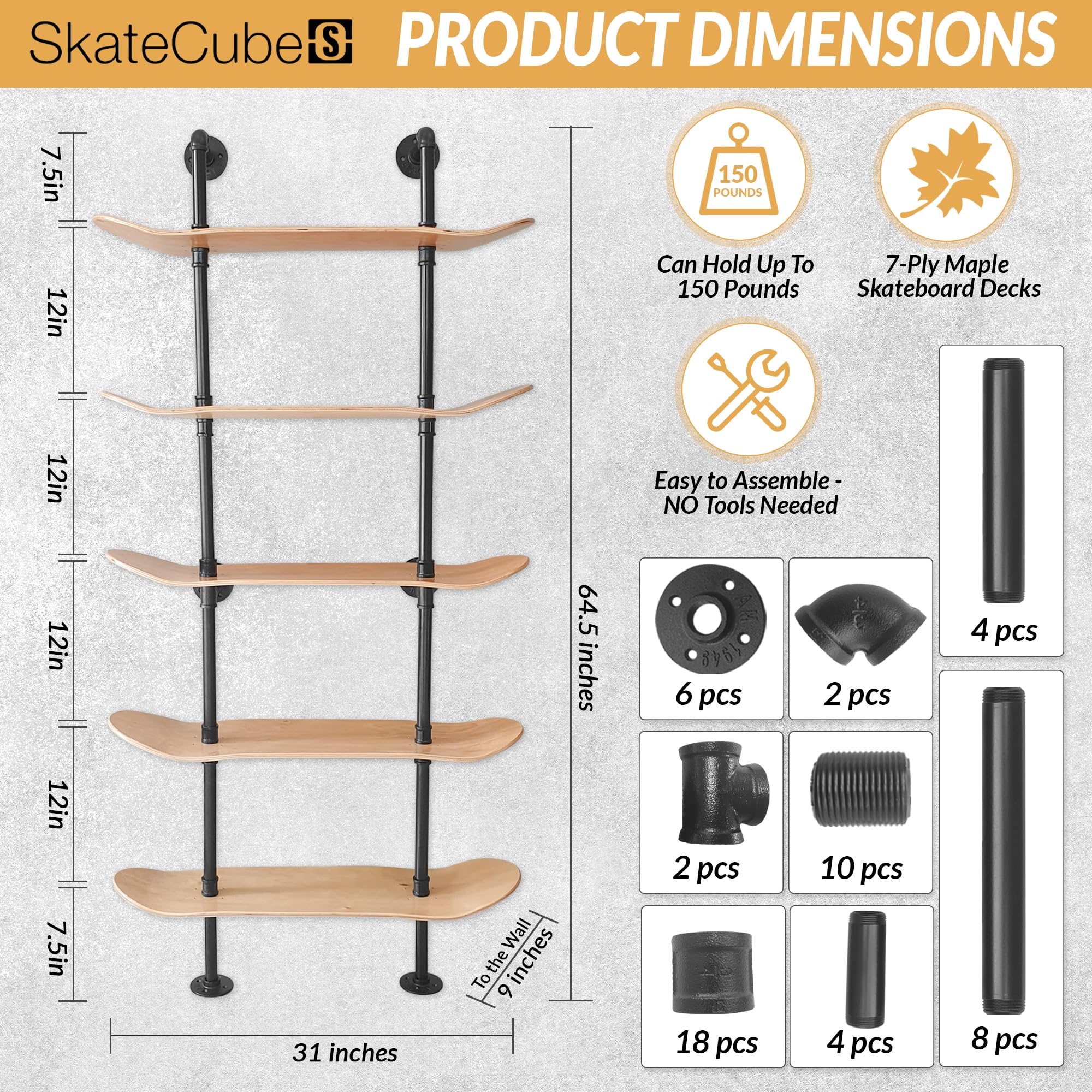 Estantes industriales – Estantería de tubería de decoración industrial de 5 niveles con cubiertas de patineta de 7 capas – Acabado de madera natural – Decoración de pared de baño, muebles de sala de 3