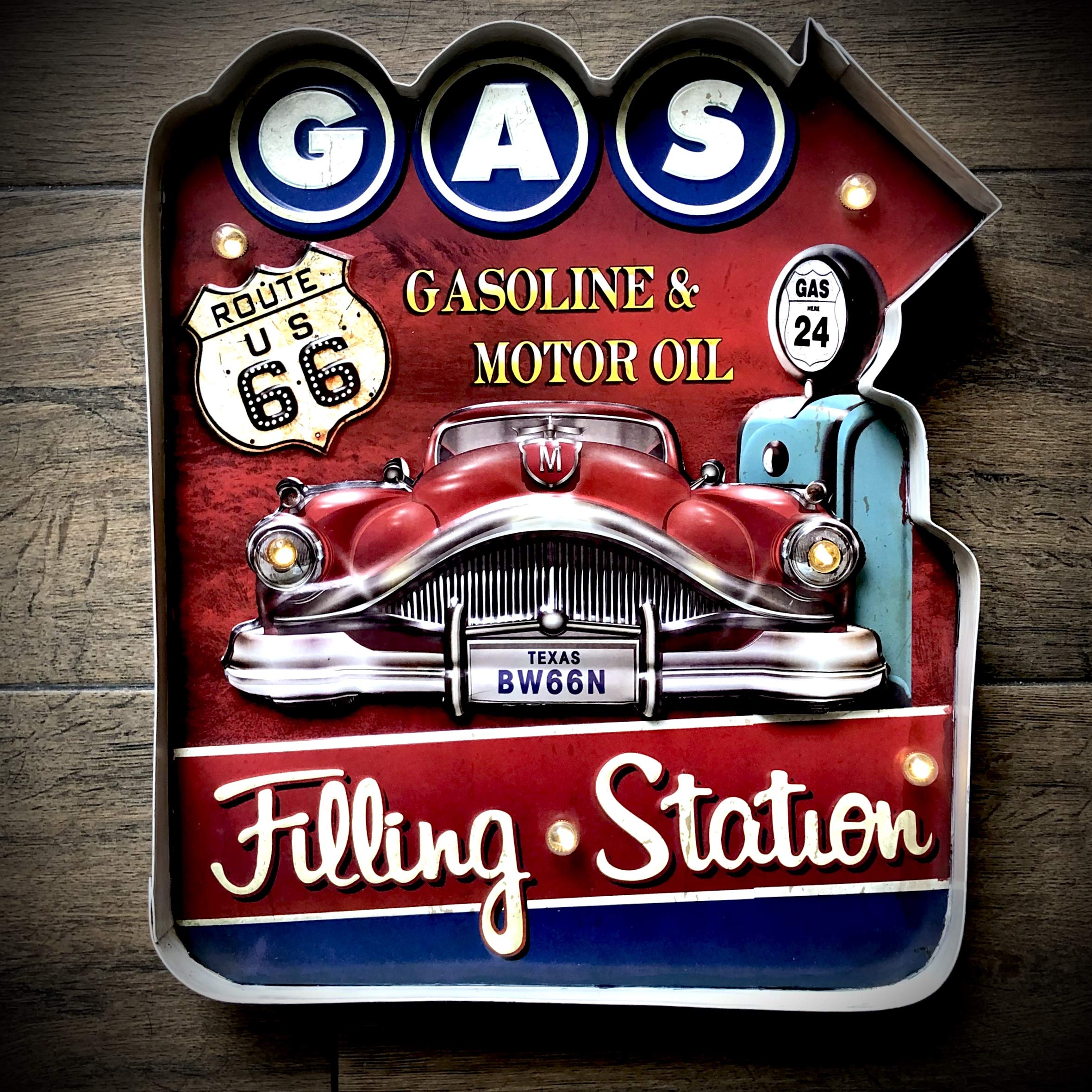 Leuchtschild Retro-Schild Wandschild im Vintage-Stil LED Schild für Garage Dekoschild Zubehör für Wohnkultur 50er Jahre Haus Dekoration Retro Leuchtkasten Metallhandwerk (Filling Station 1)