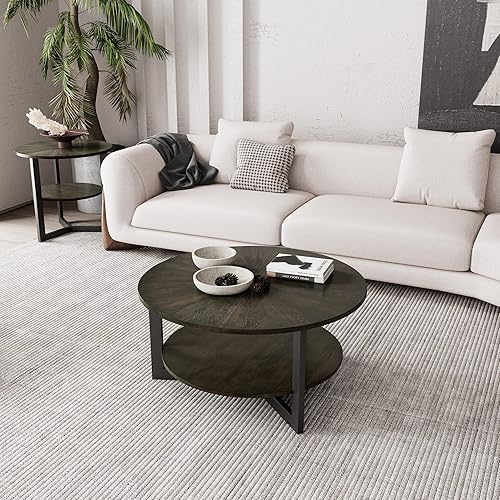 Miniatura 6 de Mesa auxiliar redonda con estante de almacenamiento, mesa central circular de 33.5 pulgadas con patas de metal negro, mesa de cóctel industrial de 2